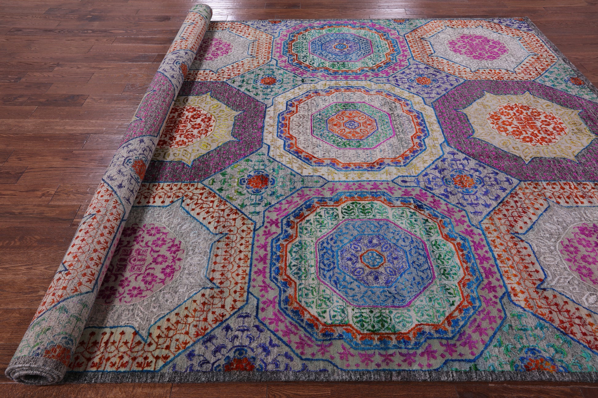Geometric Persian Mamluk Hand Knotted Wool & Silk Rug - 8' 10" X 12' 2" - Golden Nile
