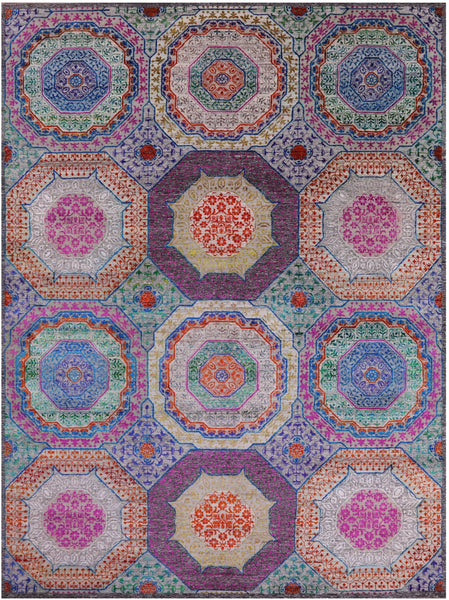 Geometric Persian Mamluk Hand Knotted Wool & Silk Rug - 8' 10" X 12' 2" - Golden Nile