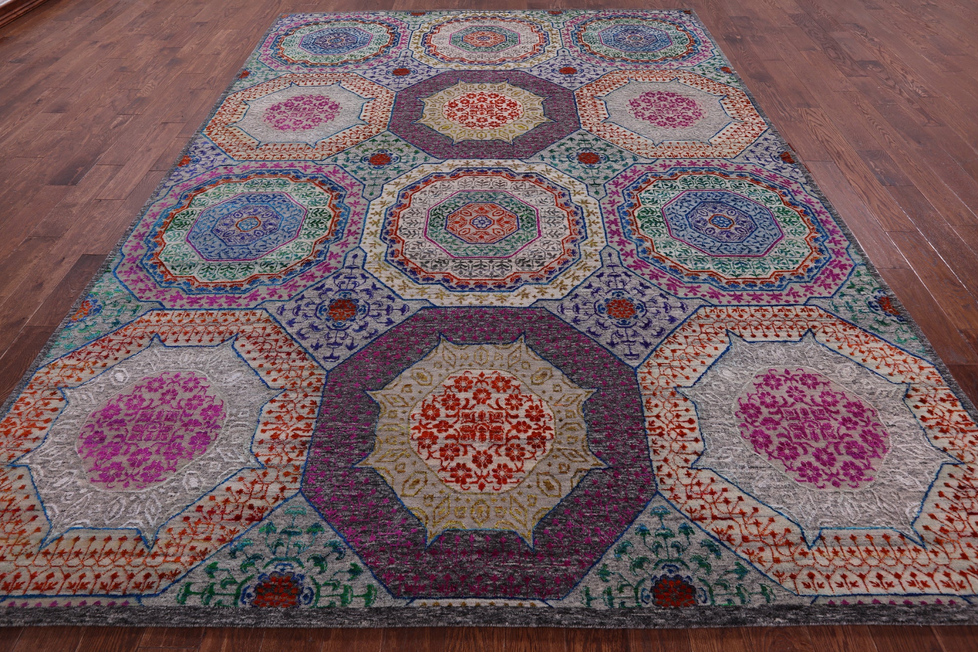 Geometric Persian Mamluk Hand Knotted Wool & Silk Rug - 8' 10" X 12' 2" - Golden Nile