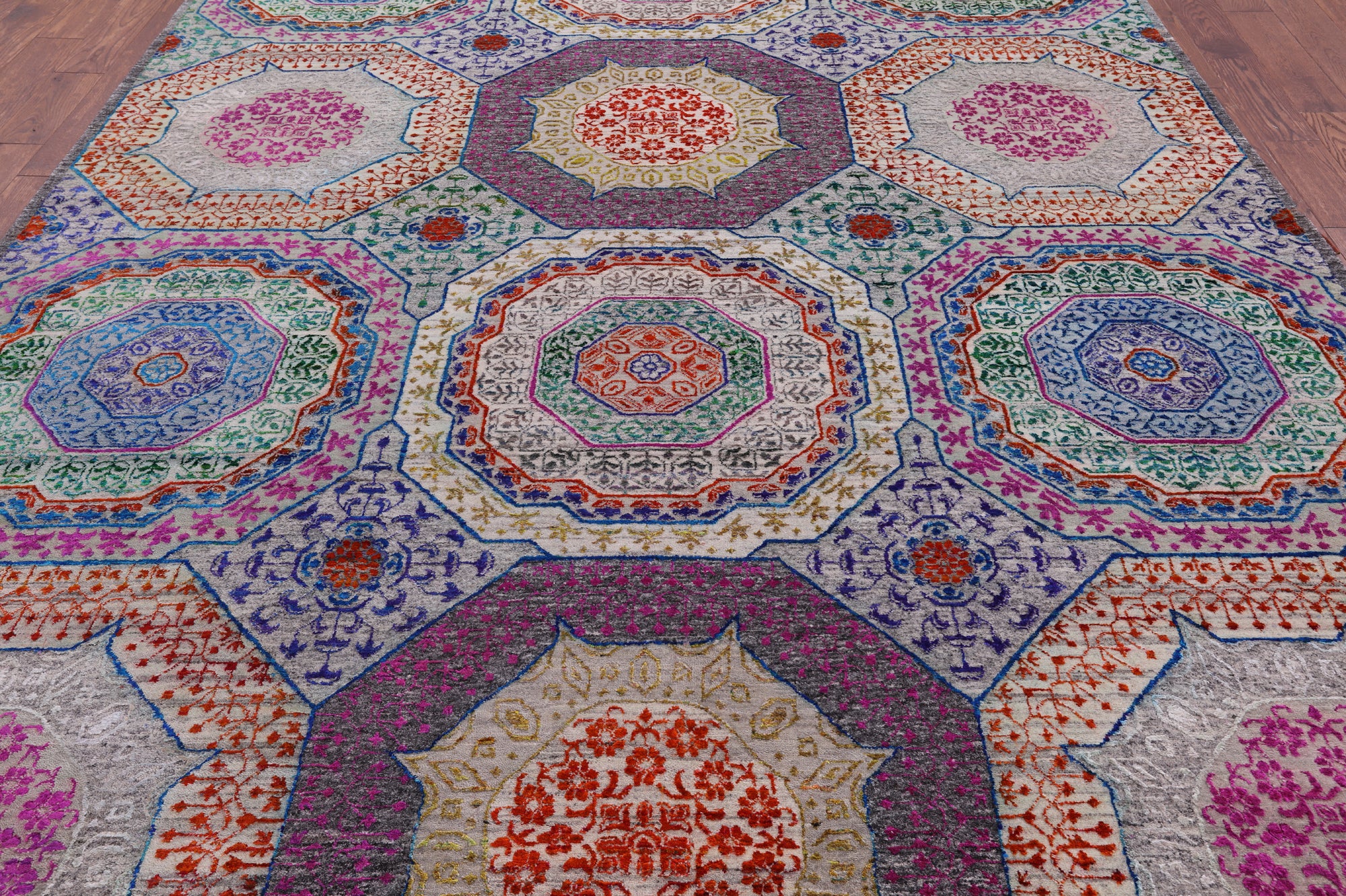 Geometric Persian Mamluk Hand Knotted Wool & Silk Rug - 8' 10" X 12' 2" - Golden Nile