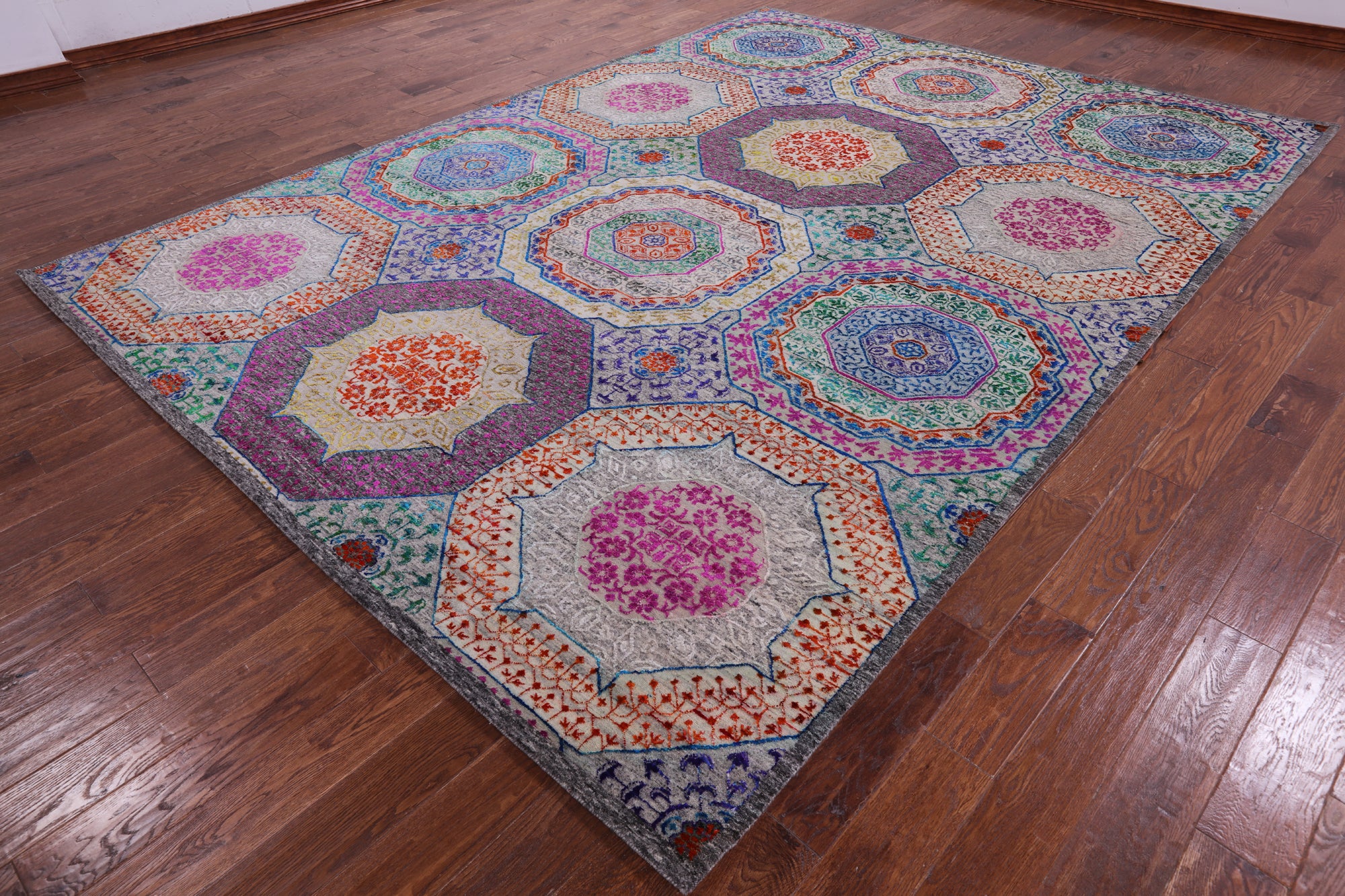 Geometric Persian Mamluk Hand Knotted Wool & Silk Rug - 8' 10" X 12' 2" - Golden Nile