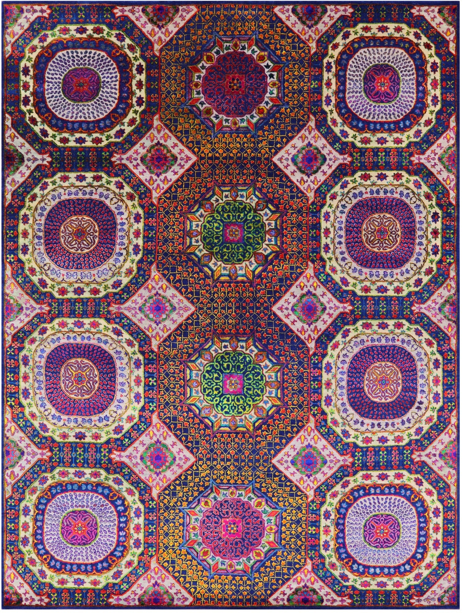 Geometric Persian Mamluk Hand Knotted Wool & Silk Rug - 8' 10" X 12' 1" - Golden Nile