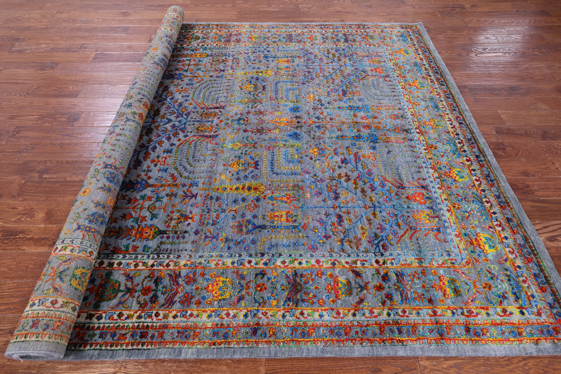 Grey Persian Ziegler Hand Knotted Wool & Silk Rug - 7' 9" X 9' 9" - Golden Nile