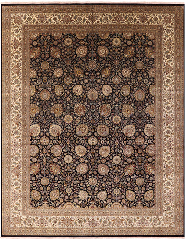 Black Persian Tabriz Hand Knotted Wool Rug - 11' 10