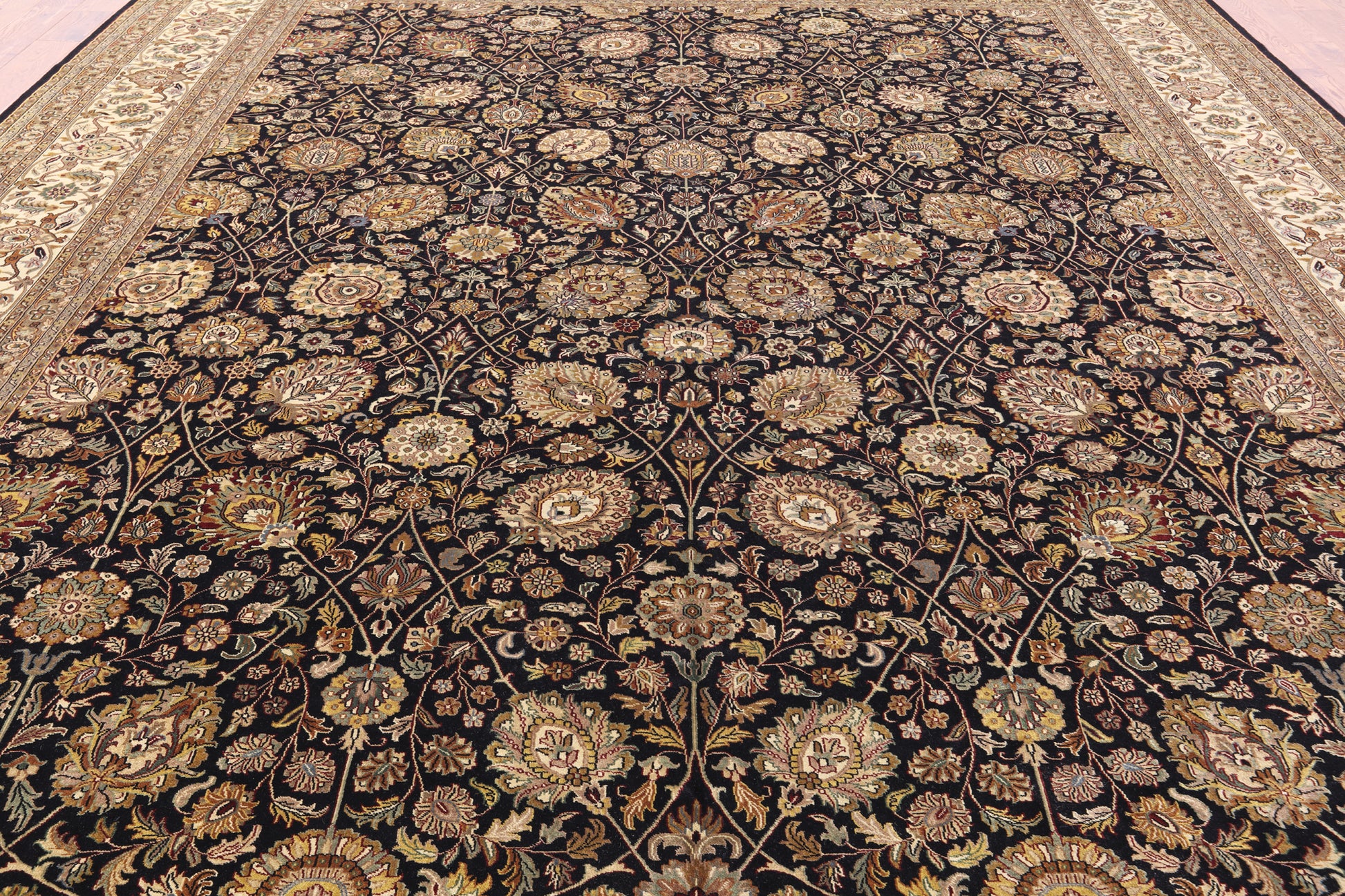 Black Persian Tabriz Hand Knotted Wool Rug - 11' 10" X 15' 0" - Golden Nile