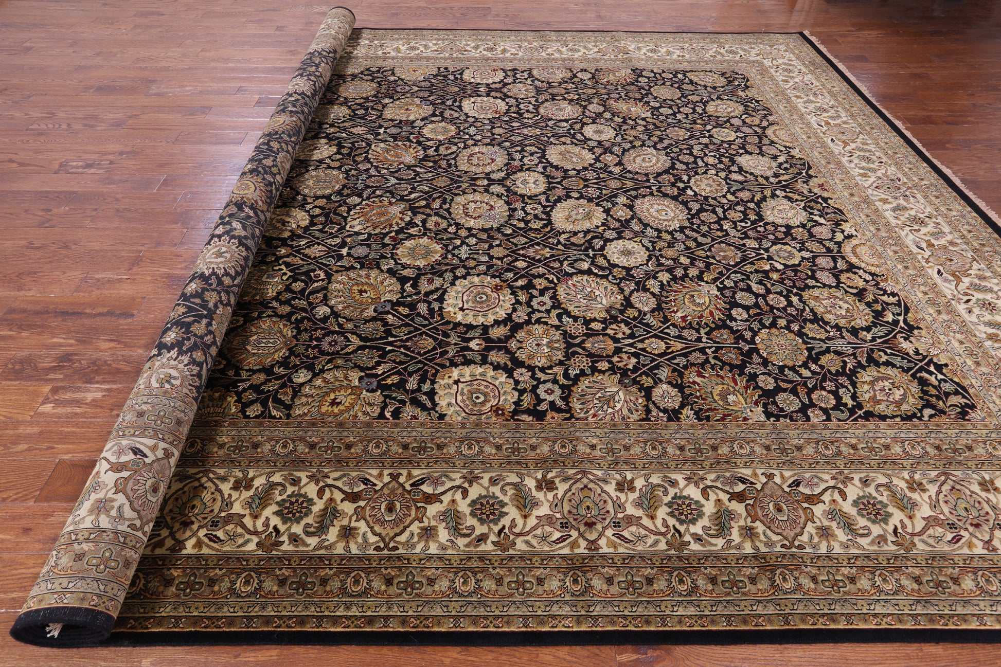 Black Persian Tabriz Hand Knotted Wool Rug - 11' 10" X 15' 0" - Golden Nile