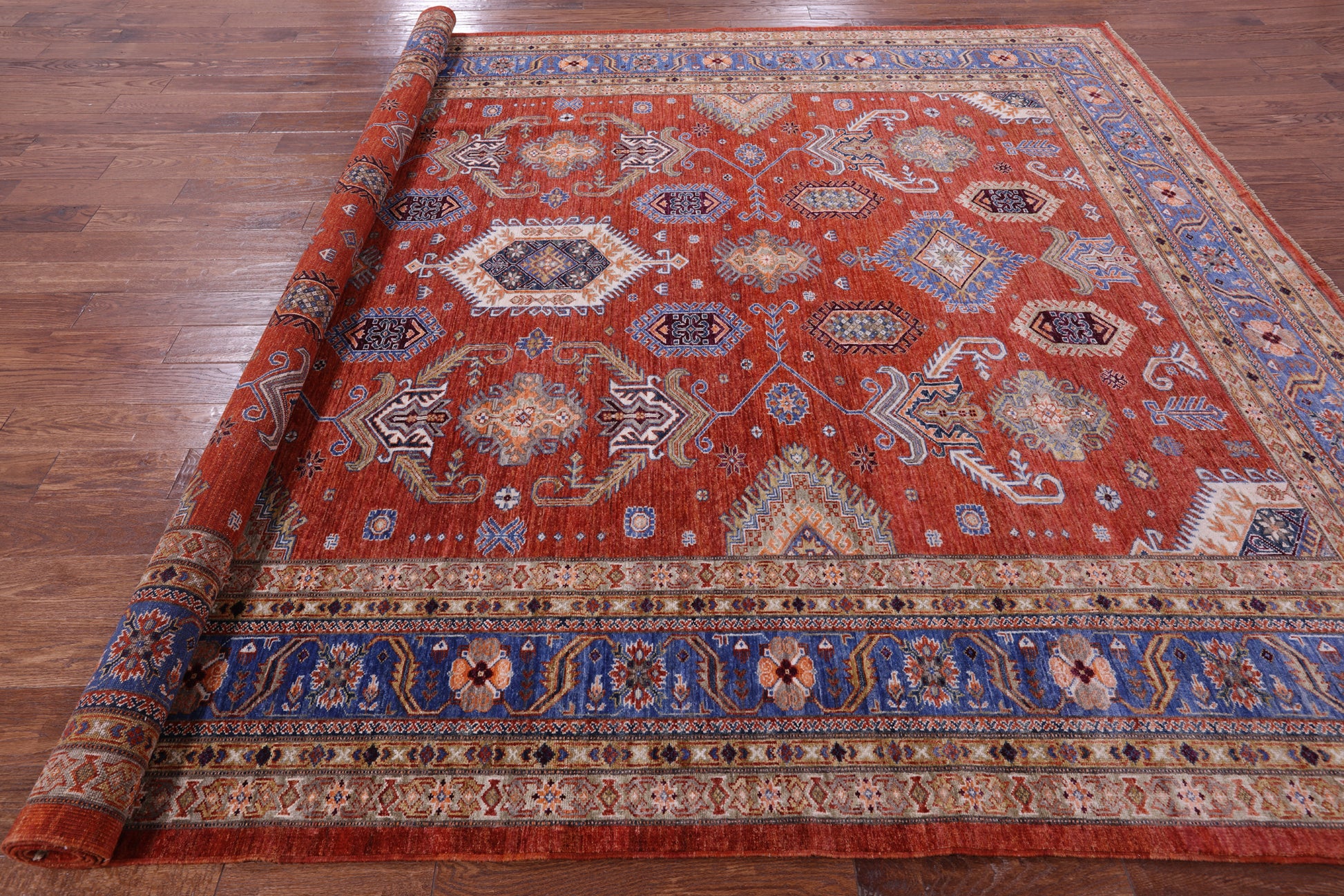 Red Super Kazak Hand Knotted Wool Rug - 9' 1" X 12' 0" - Golden Nile
