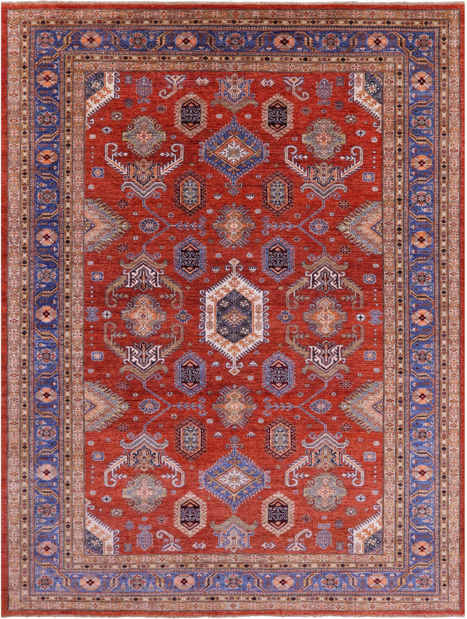 Red Super Kazak Hand Knotted Wool Rug - 9' 1" X 12' 0" - Golden Nile