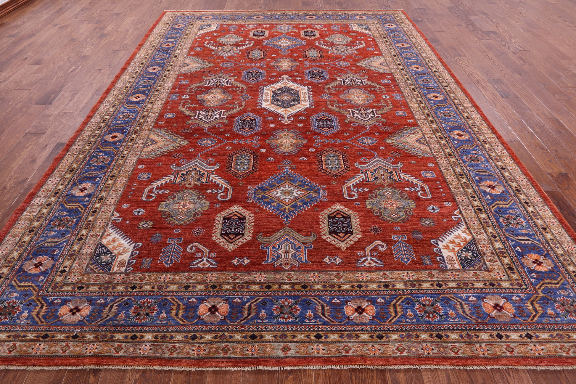 Red Super Kazak Hand Knotted Wool Rug - 9' 1" X 12' 0" - Golden Nile