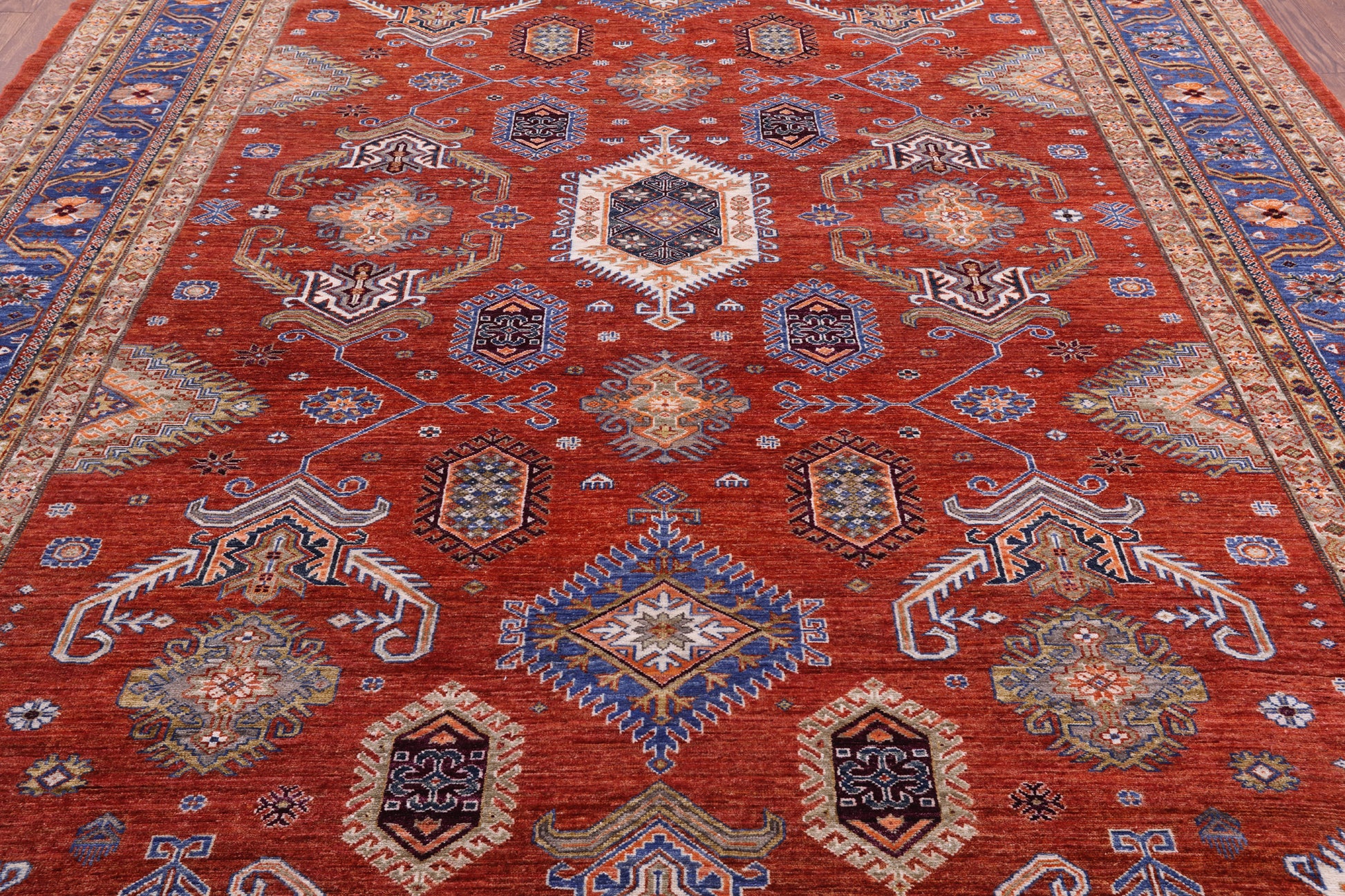 Red Super Kazak Hand Knotted Wool Rug - 9' 1" X 12' 0" - Golden Nile