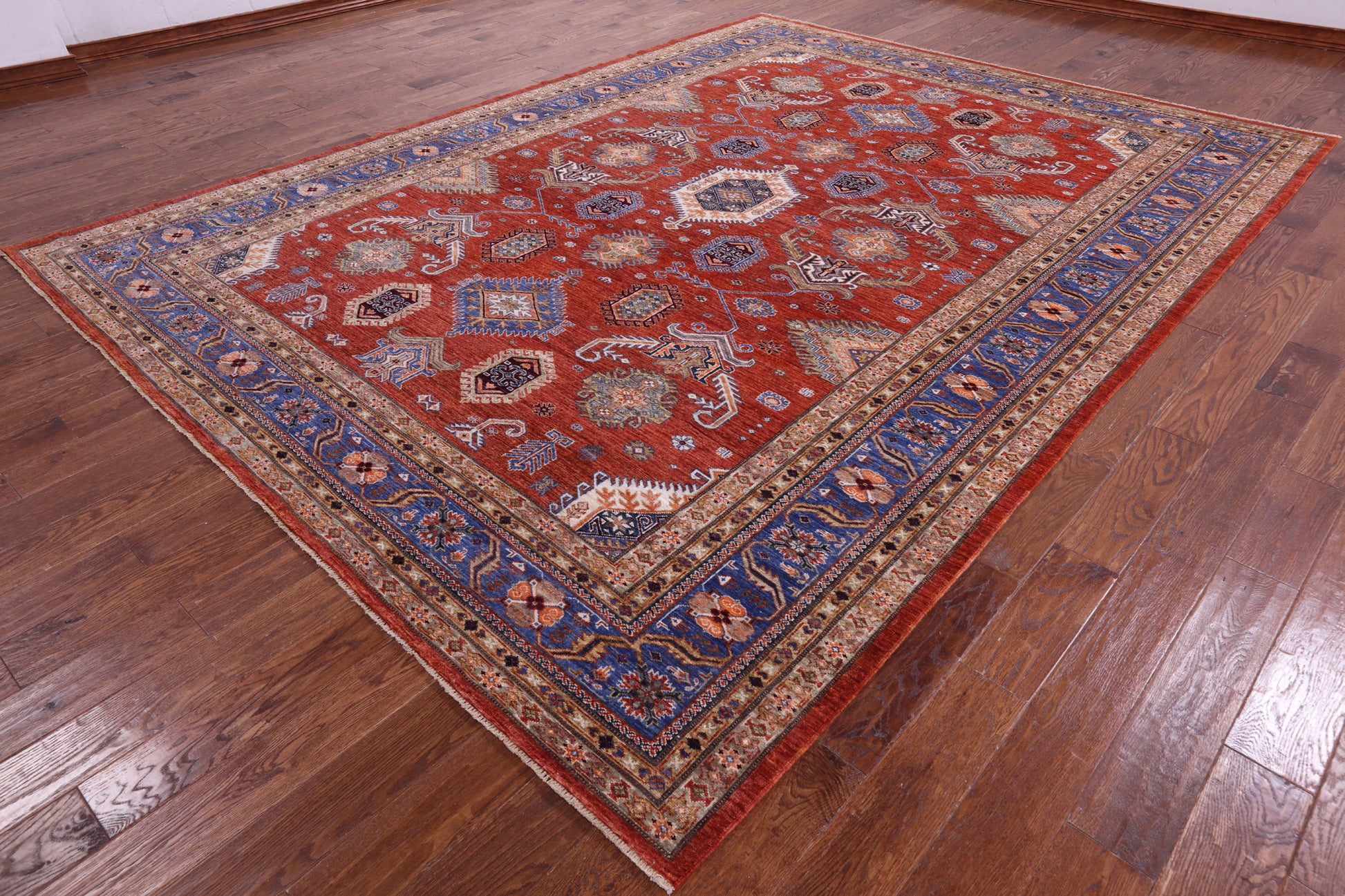 Red Super Kazak Hand Knotted Wool Rug - 9' 1" X 12' 0" - Golden Nile