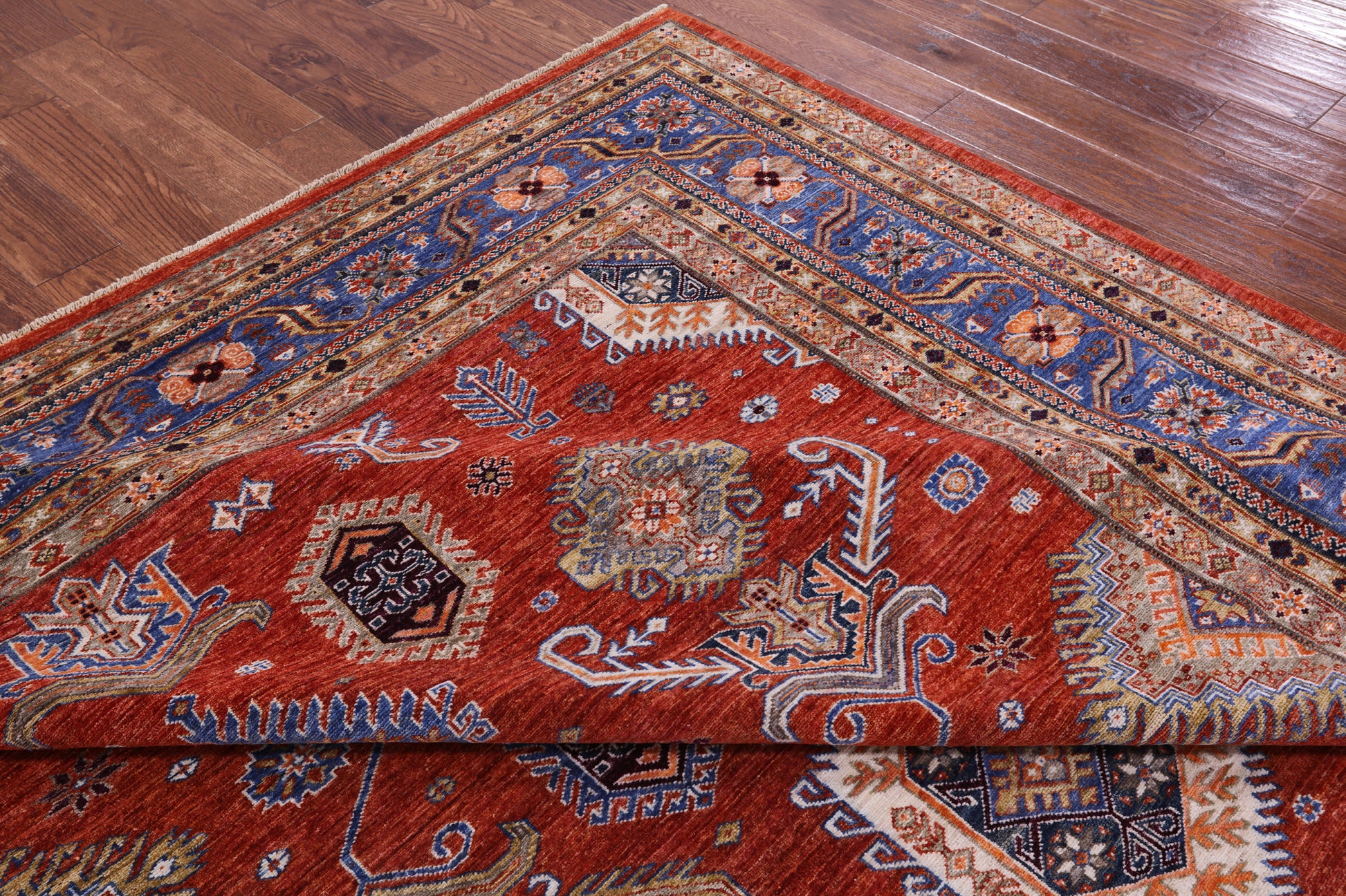 Red Super Kazak Hand Knotted Wool Rug - 9' 1" X 12' 0" - Golden Nile