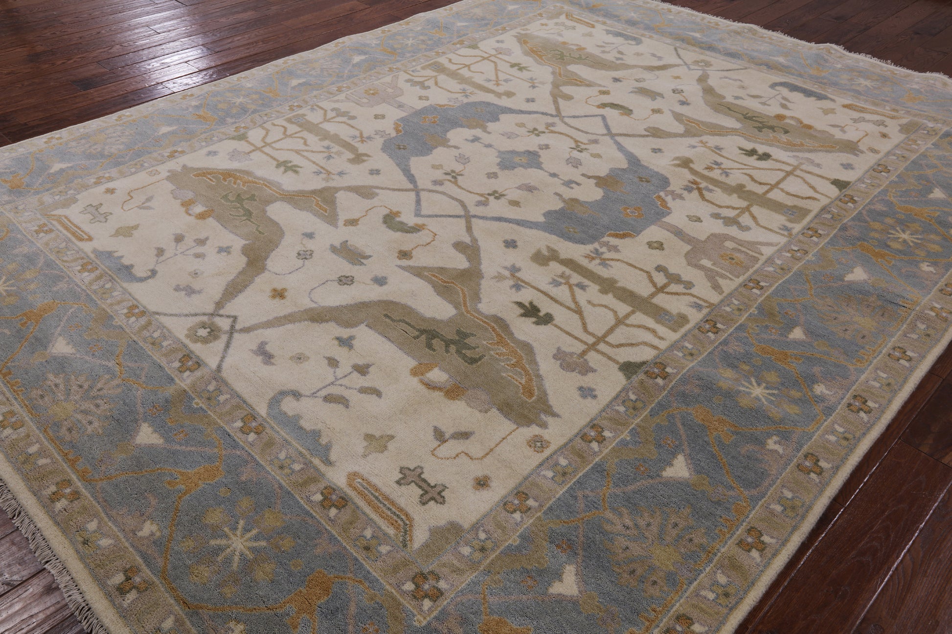 Ivory Turkish Oushak Hand Knotted Wool Area Rug - 9' 1" X 11' 9" - Golden Nile