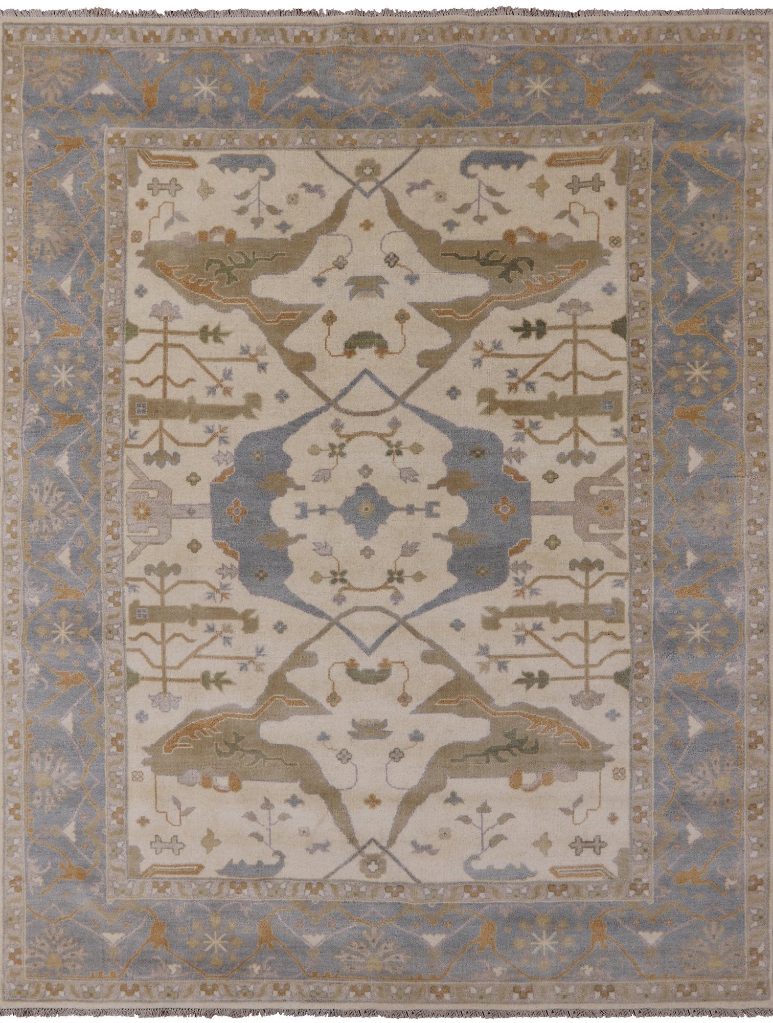 Ivory Turkish Oushak Hand Knotted Wool Area Rug - 9' 1" X 11' 9" - Golden Nile