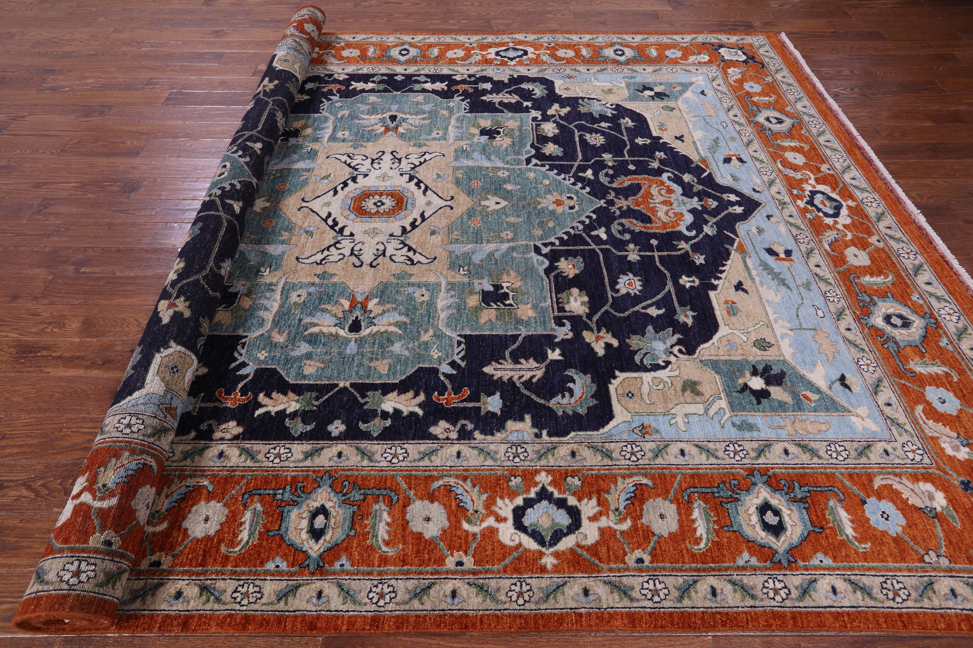 Blue Persian Fine Serapi Handmade Wool Rug - 9' 0" X 12' 5" - Golden Nile