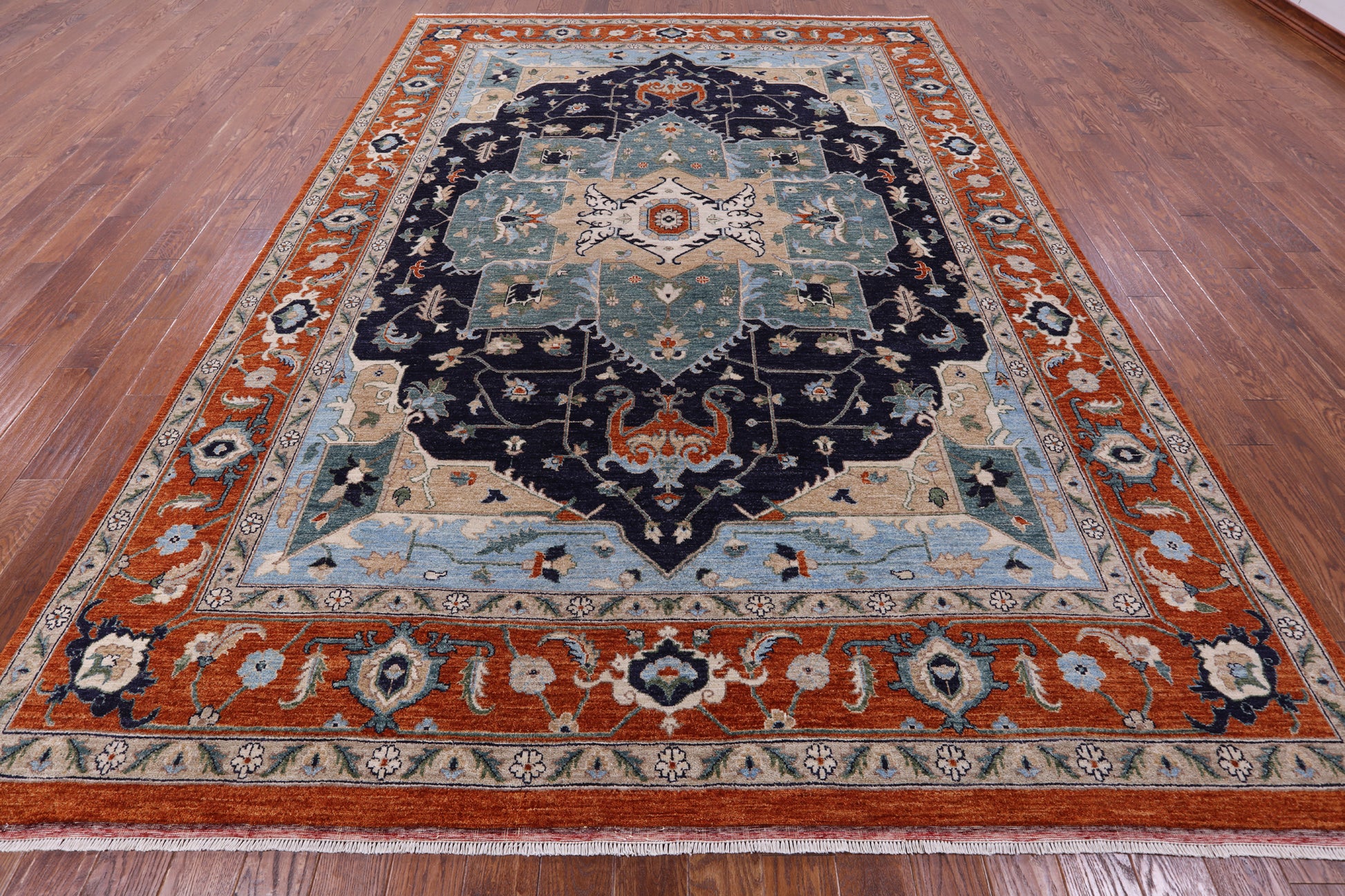 Blue Persian Fine Serapi Handmade Wool Rug - 9' 0" X 12' 5" - Golden Nile