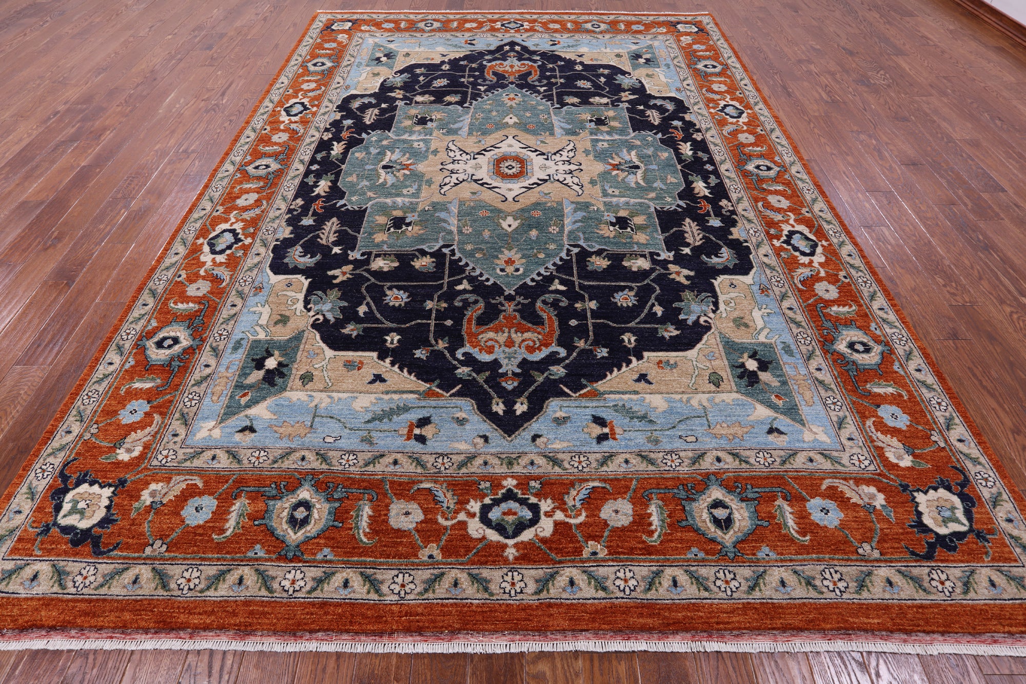 Blue Persian Fine Serapi Handmade Wool Rug - 9' 0" X 12' 5" - Golden Nile