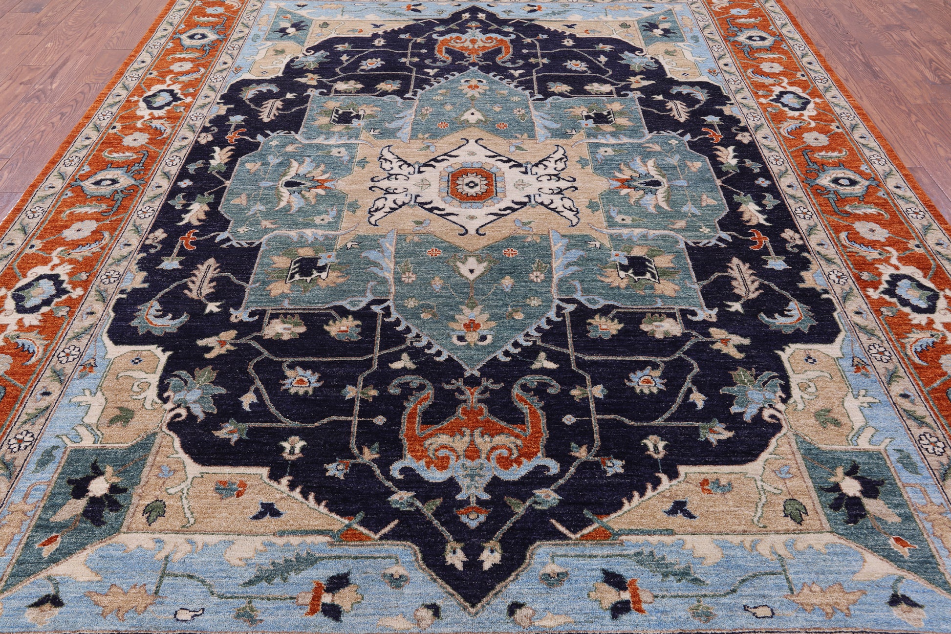 Blue Persian Fine Serapi Handmade Wool Rug - 9' 0" X 12' 5" - Golden Nile
