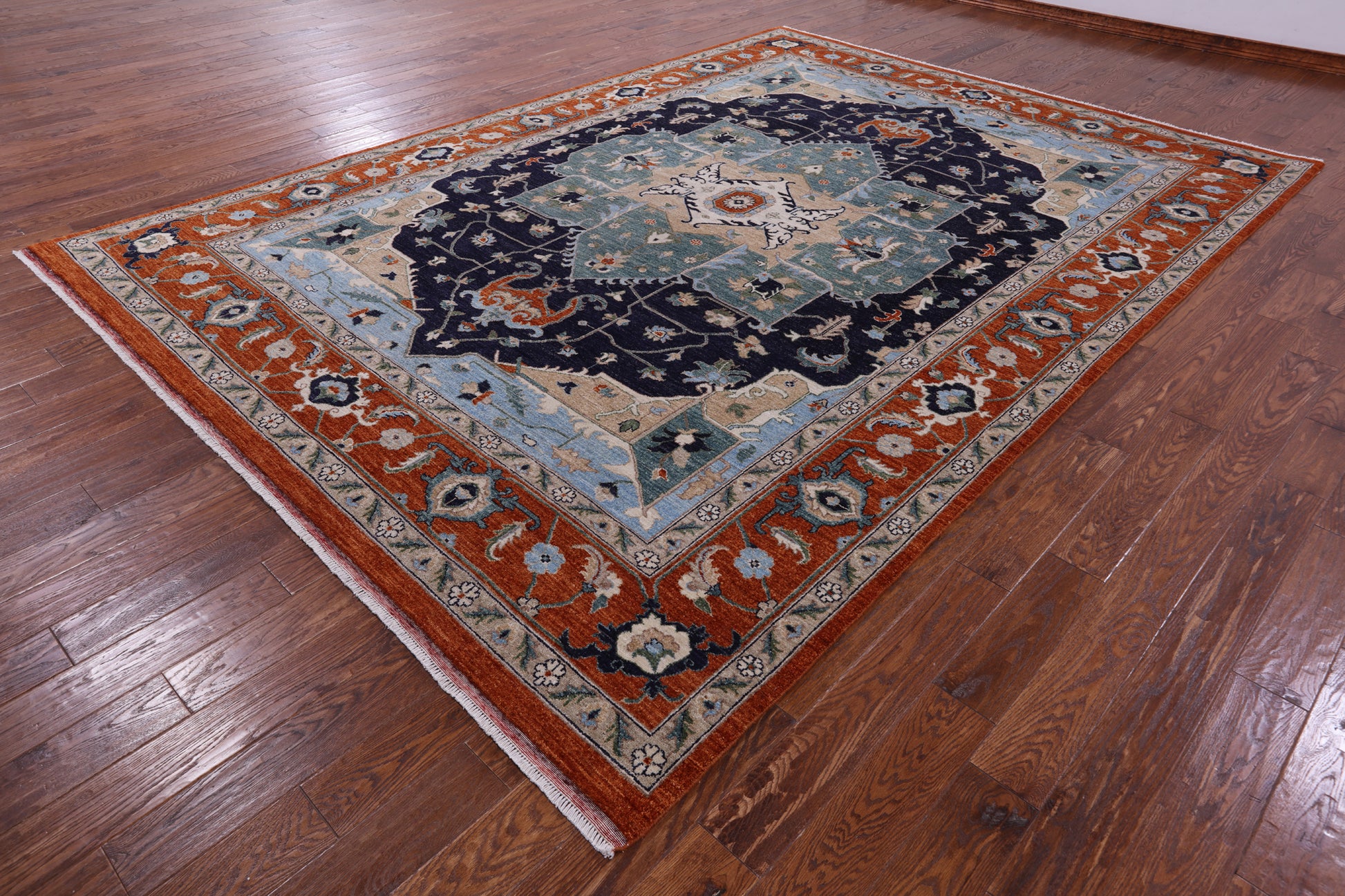 Blue Persian Fine Serapi Handmade Wool Rug - 9' 0" X 12' 5" - Golden Nile