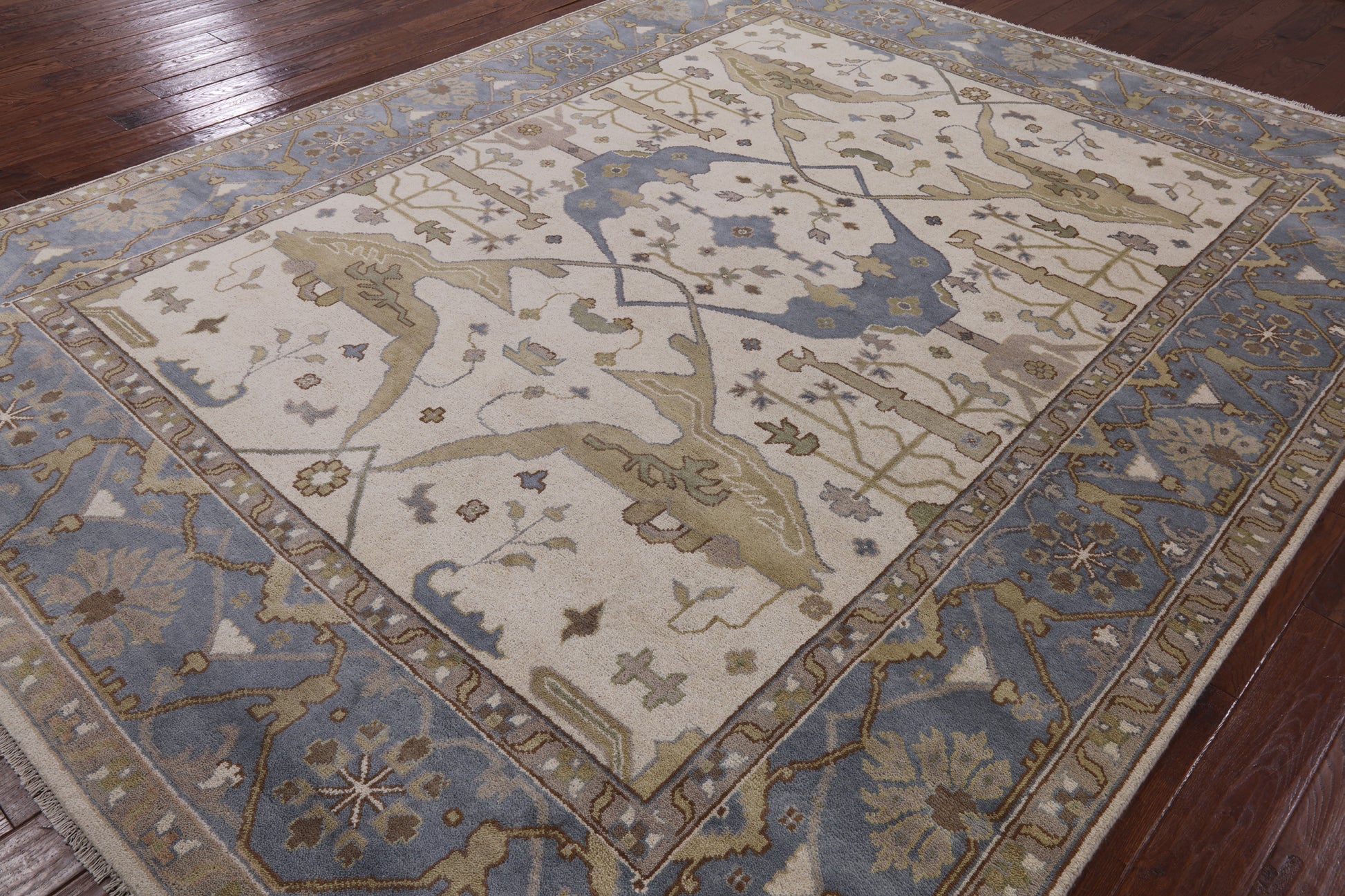 Ivory Turkish Oushak Hand Knotted Wool Area Rug - 9' 2" X 11' 10" - Golden Nile
