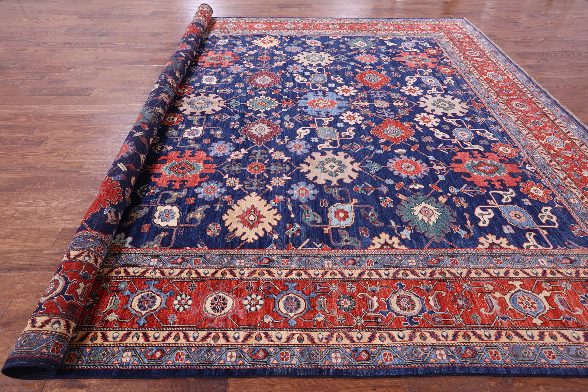 Blue Persian Fine Serapi Hand Knotted Wool Rug - 12' 0" X 14' 9" - Golden Nile