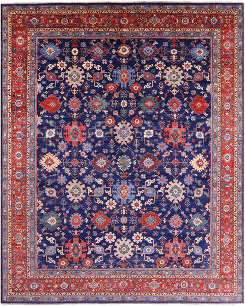 Blue Persian Fine Serapi Hand Knotted Wool Rug - 12' 0" X 14' 9" - Golden Nile