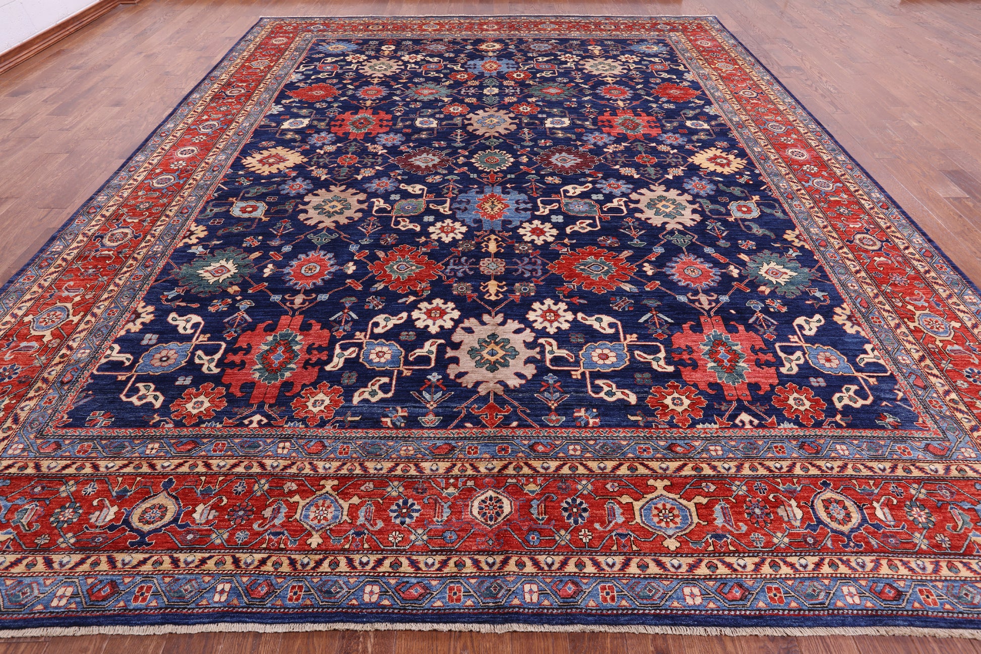 Blue Persian Fine Serapi Hand Knotted Wool Rug - 12' 0" X 14' 9" - Golden Nile