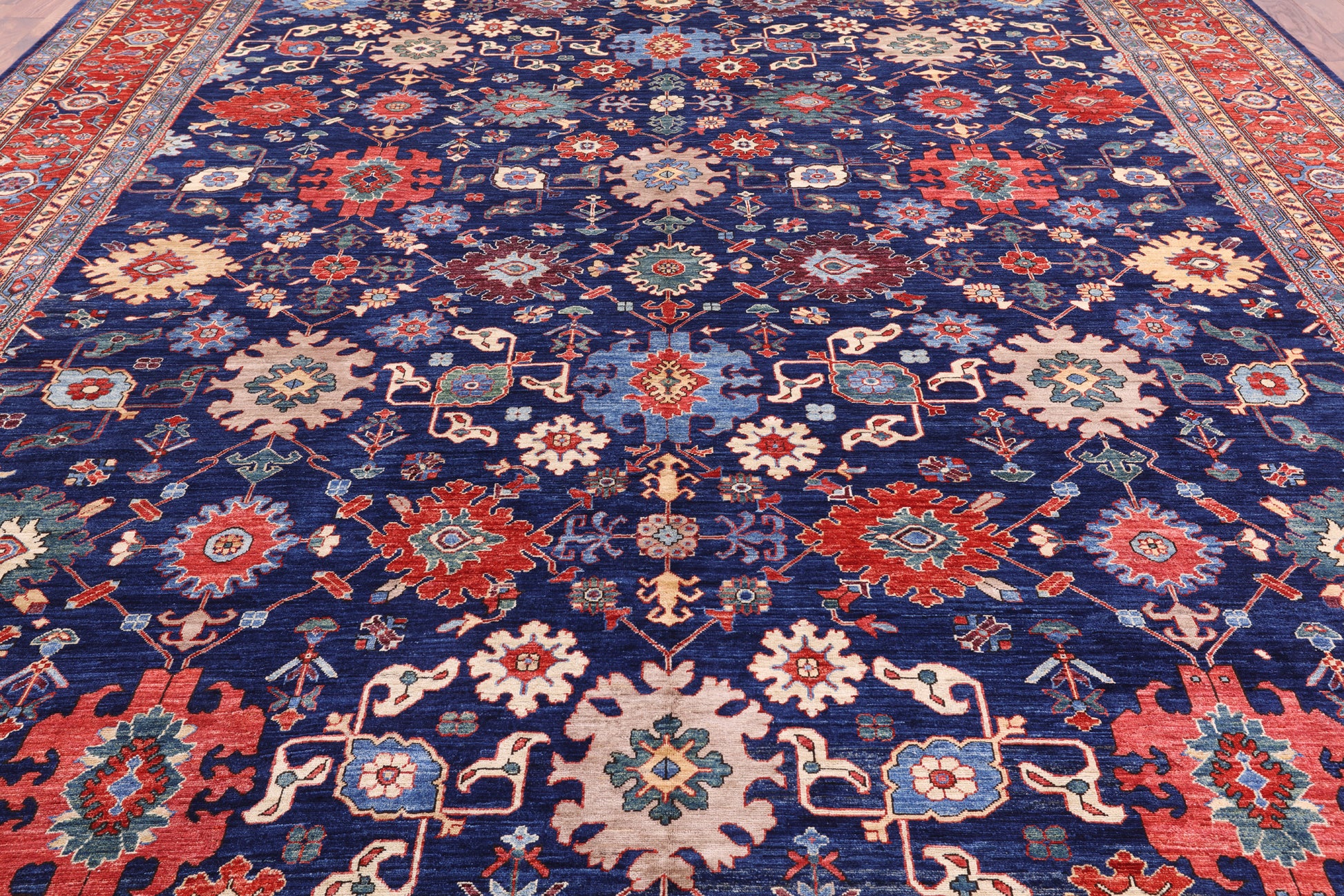 Blue Persian Fine Serapi Hand Knotted Wool Rug - 12' 0" X 14' 9" - Golden Nile