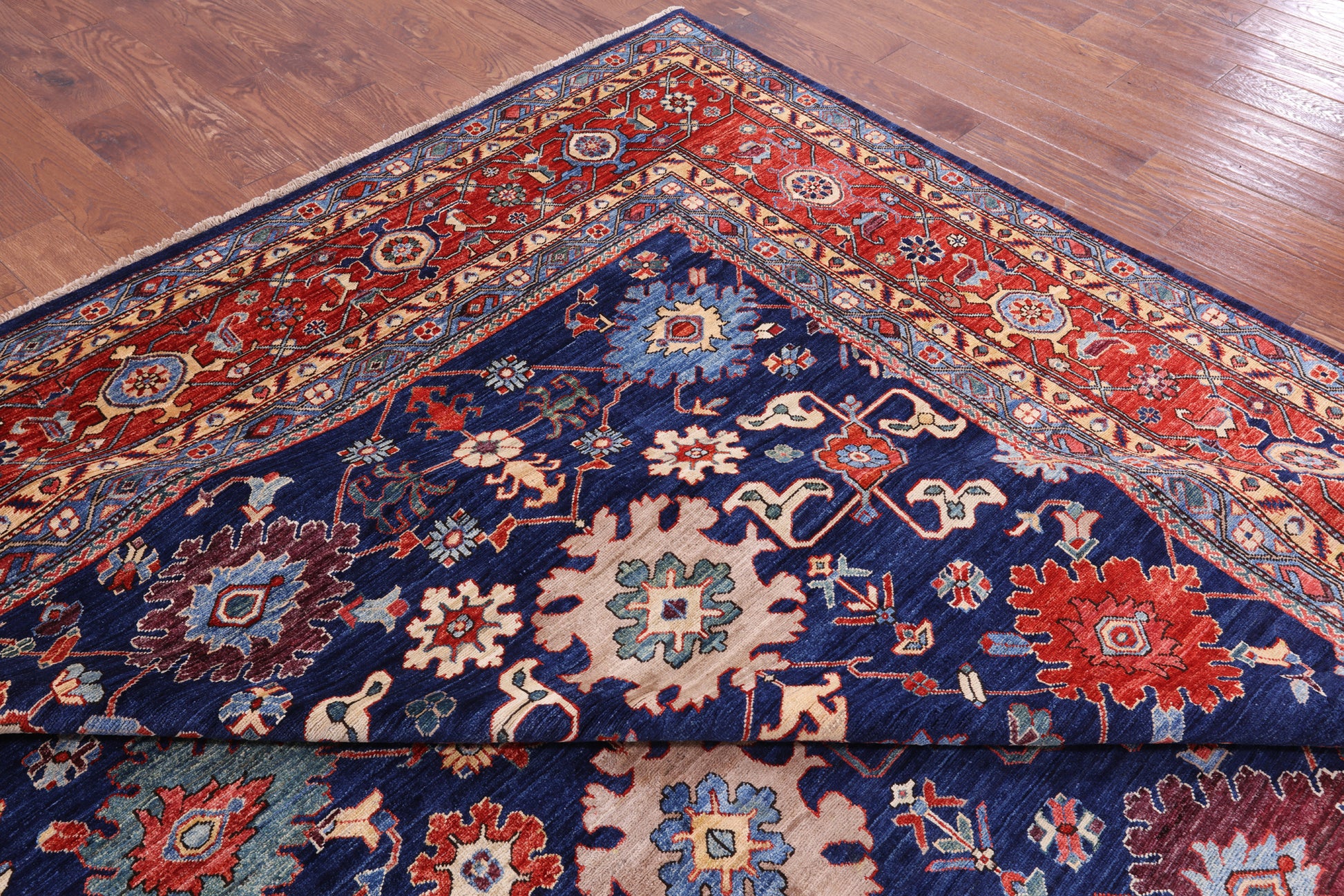 Blue Persian Fine Serapi Hand Knotted Wool Rug - 12' 0" X 14' 9" - Golden Nile