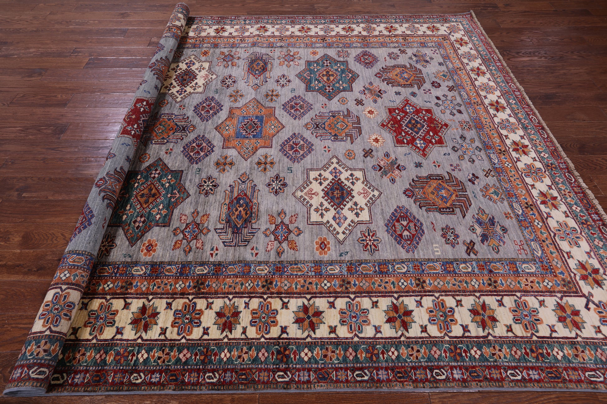 Grey Super Kazak Hand Knotted Wool Rug - 8' 1" X 9' 11" - Golden Nile
