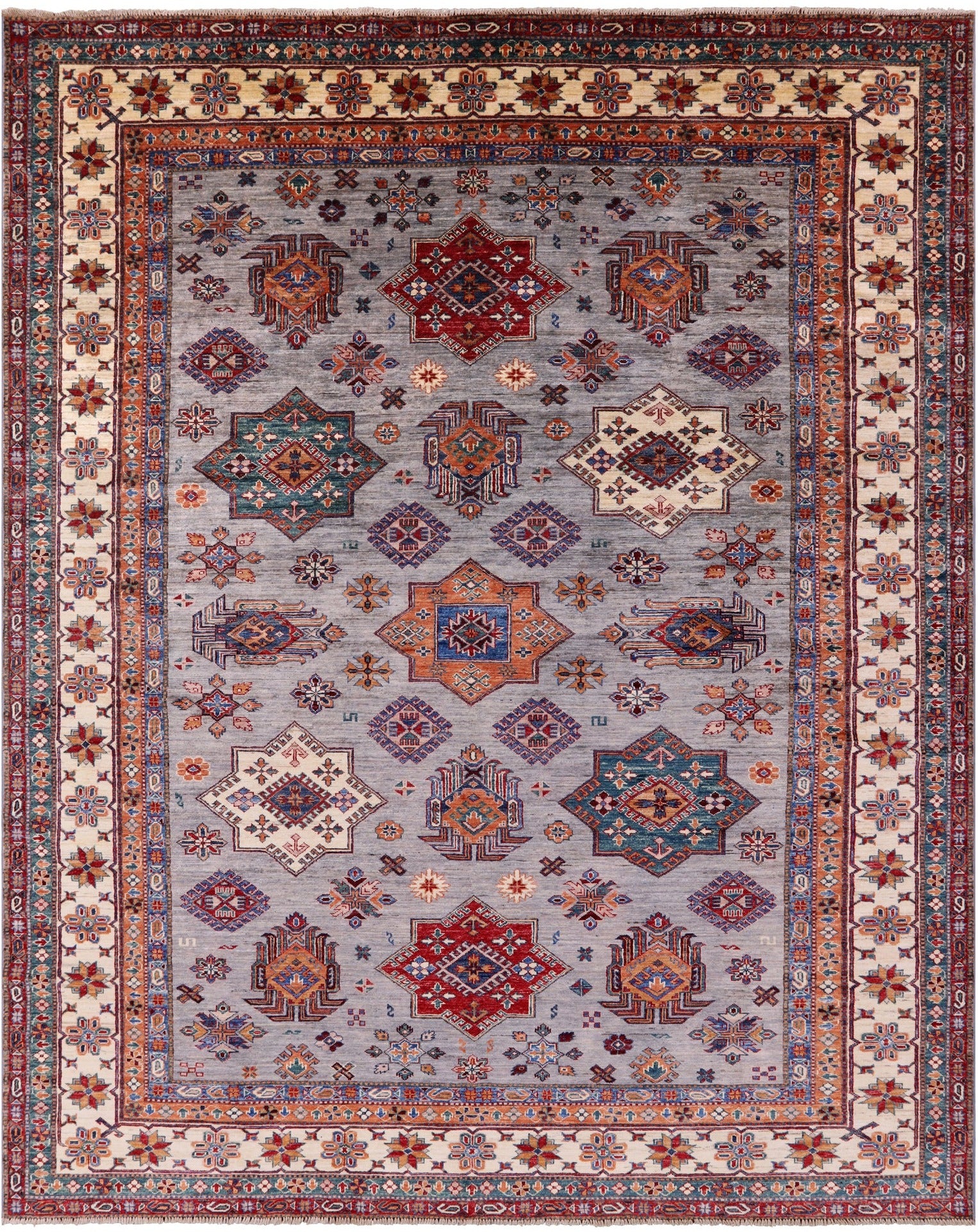 Grey Super Kazak Hand Knotted Wool Rug - 8' 1" X 9' 11" - Golden Nile