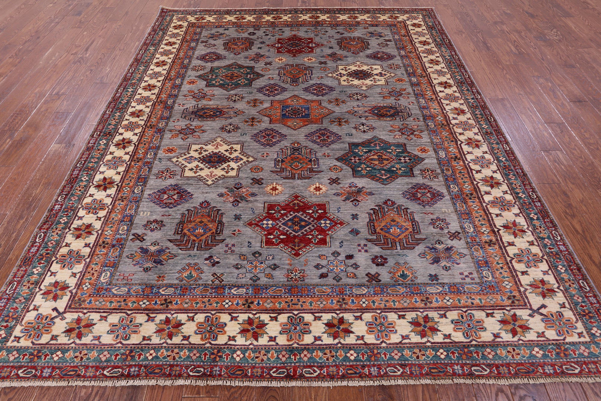 Grey Super Kazak Hand Knotted Wool Rug - 8' 1" X 9' 11" - Golden Nile