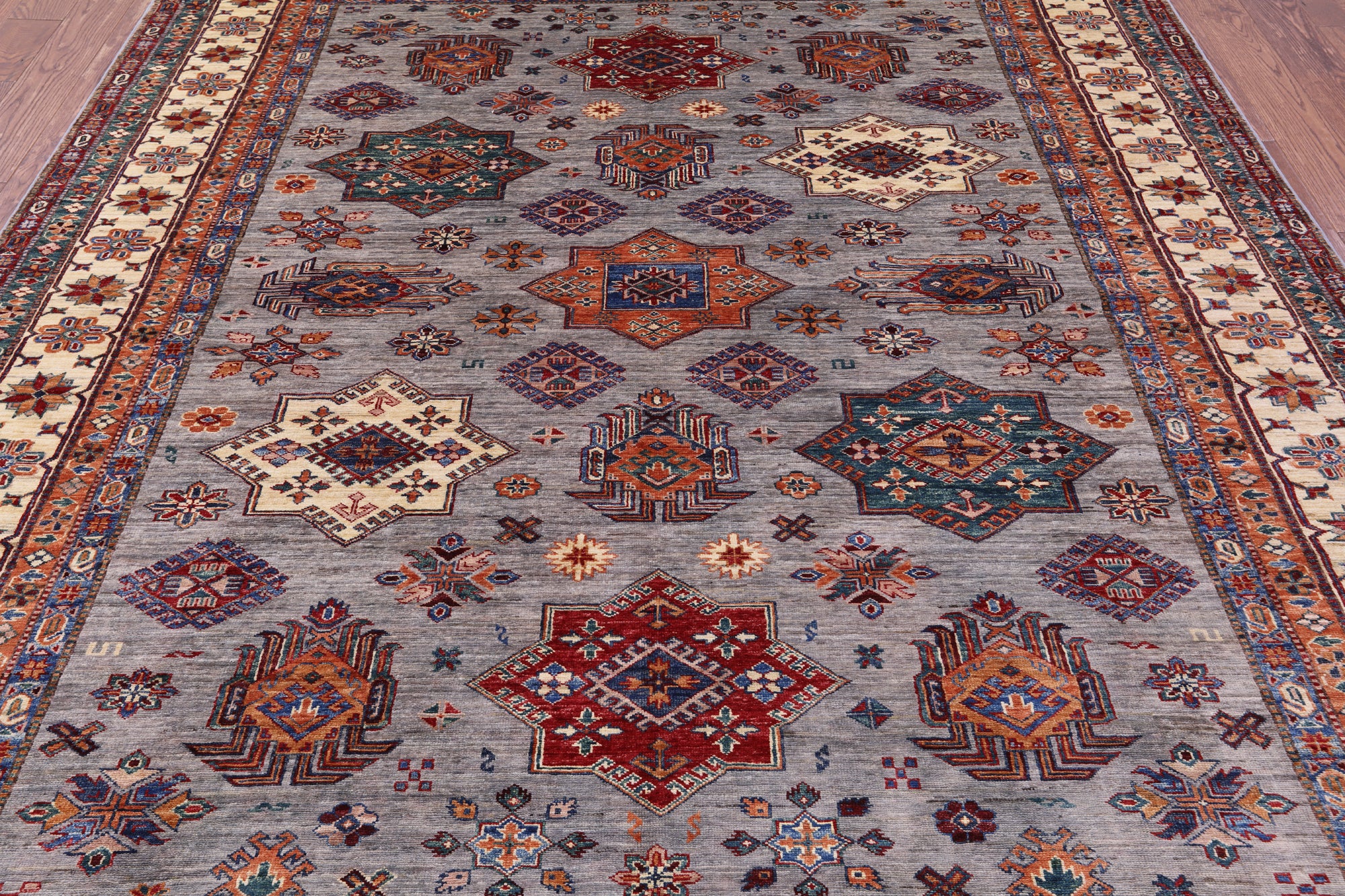 Grey Super Kazak Hand Knotted Wool Rug - 8' 1" X 9' 11" - Golden Nile