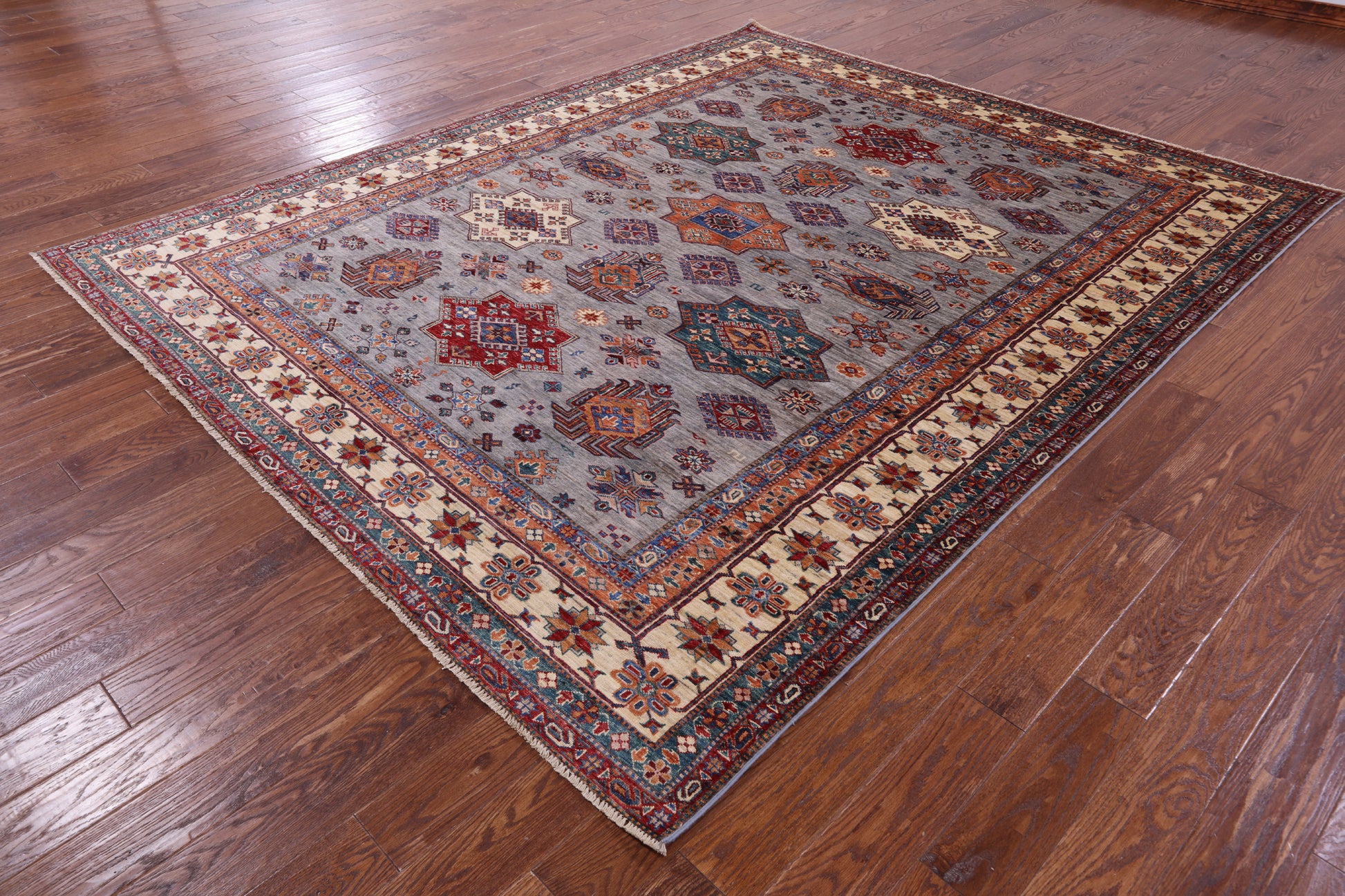 Grey Super Kazak Hand Knotted Wool Rug - 8' 1" X 9' 11" - Golden Nile