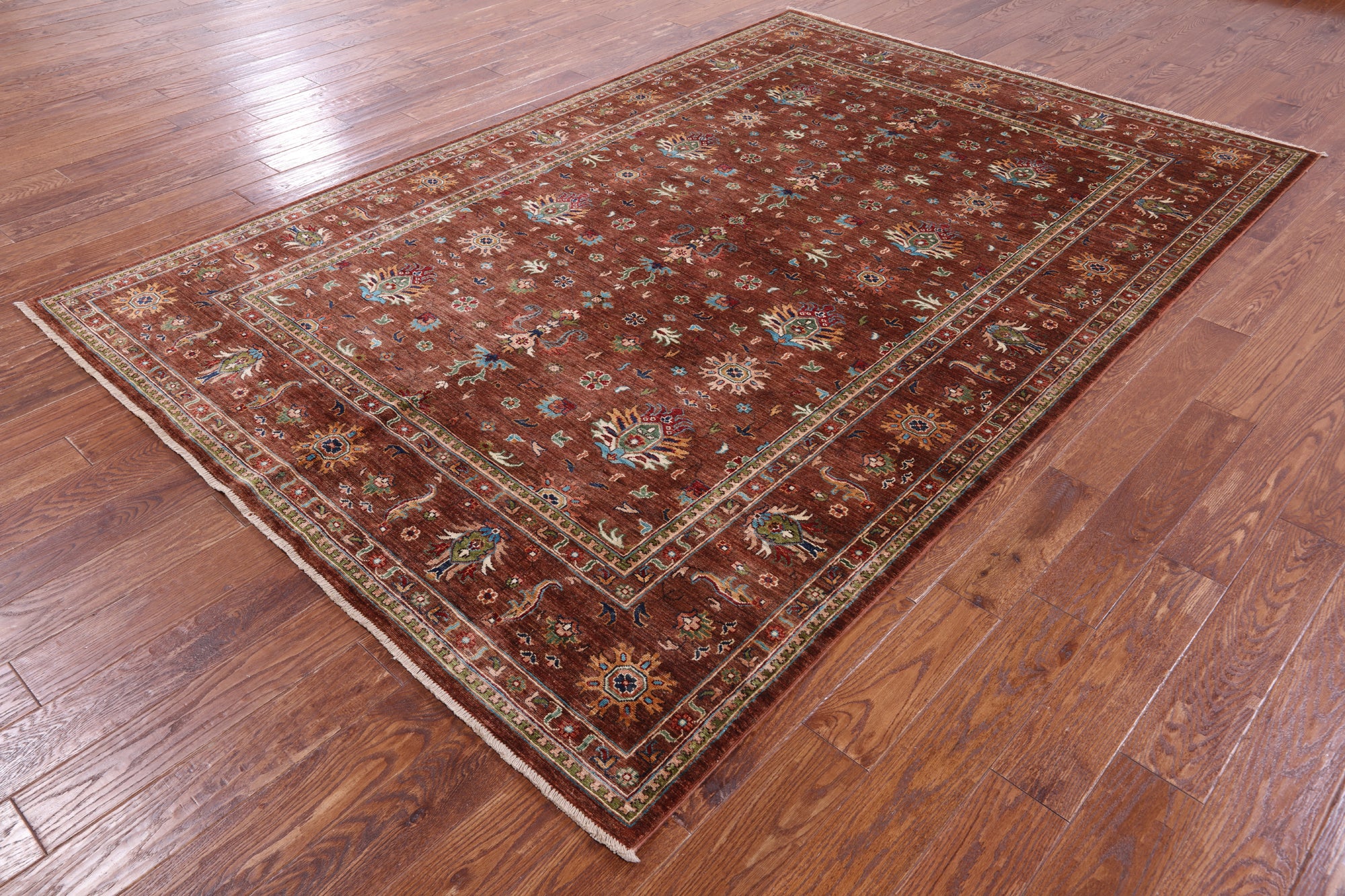 Brown Peshawar Hand Knotted Wool Rug - 6' 9" X 10' 0" - Golden Nile