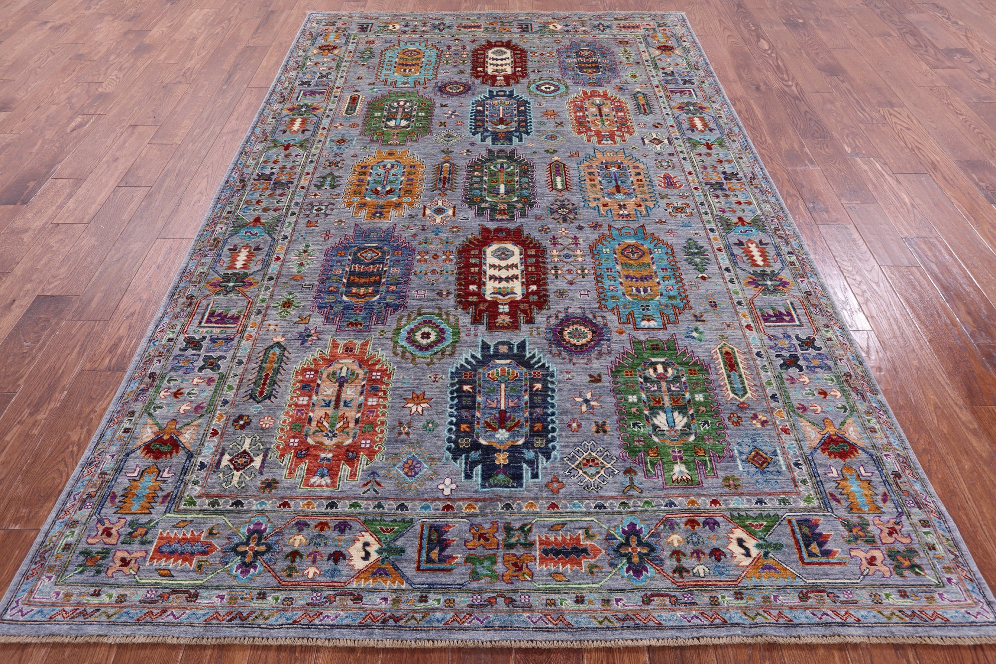 Grey Turkmen Ersari Hand Knotted Wool Rug - 6' 5" X 10' 1" - Golden Nile