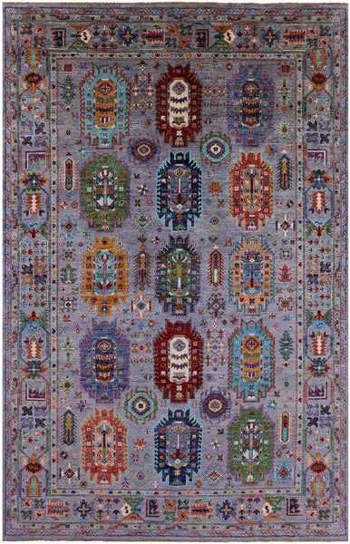 Grey Turkmen Ersari Hand Knotted Wool Rug - 6' 5" X 10' 1" - Golden Nile