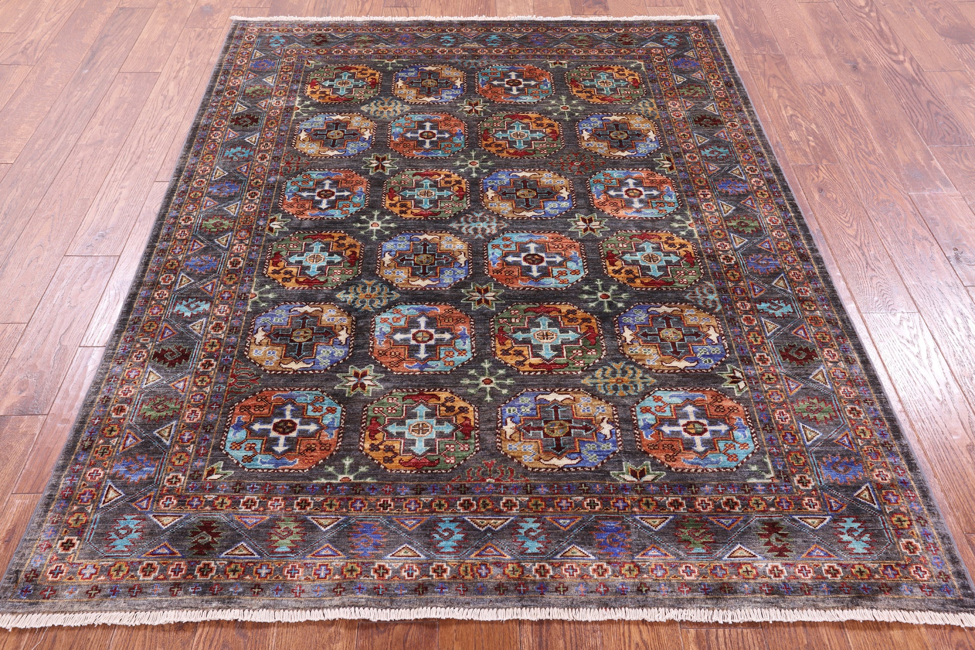 Grey Turkmen Ersari Hand Knotted Wool Rug - 5' 2" X 6' 7" - Golden Nile