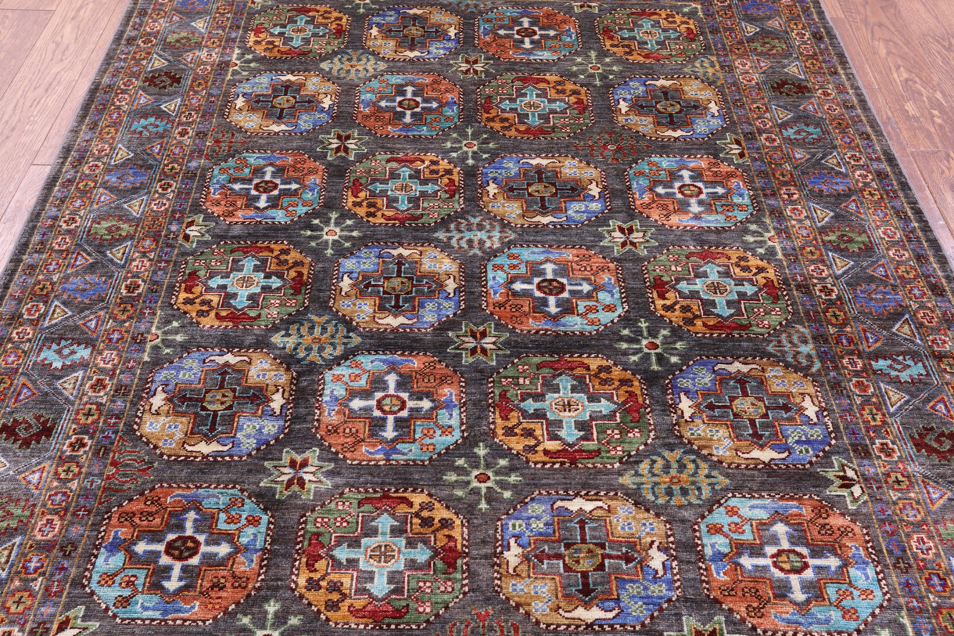 Grey Turkmen Ersari Hand Knotted Wool Rug - 5' 2" X 6' 7" - Golden Nile