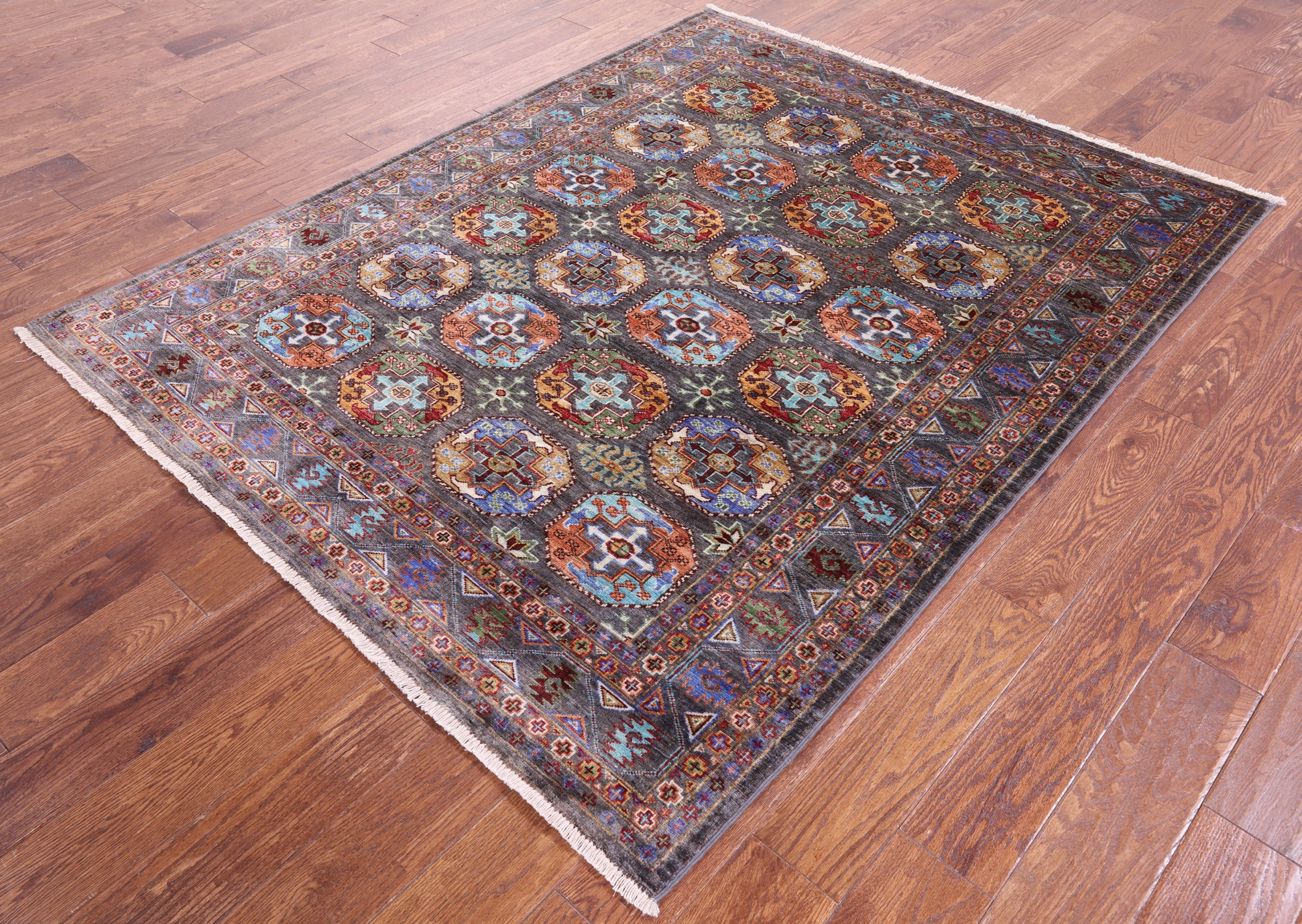 Grey Turkmen Ersari Hand Knotted Wool Rug - 5' 2" X 6' 7" - Golden Nile