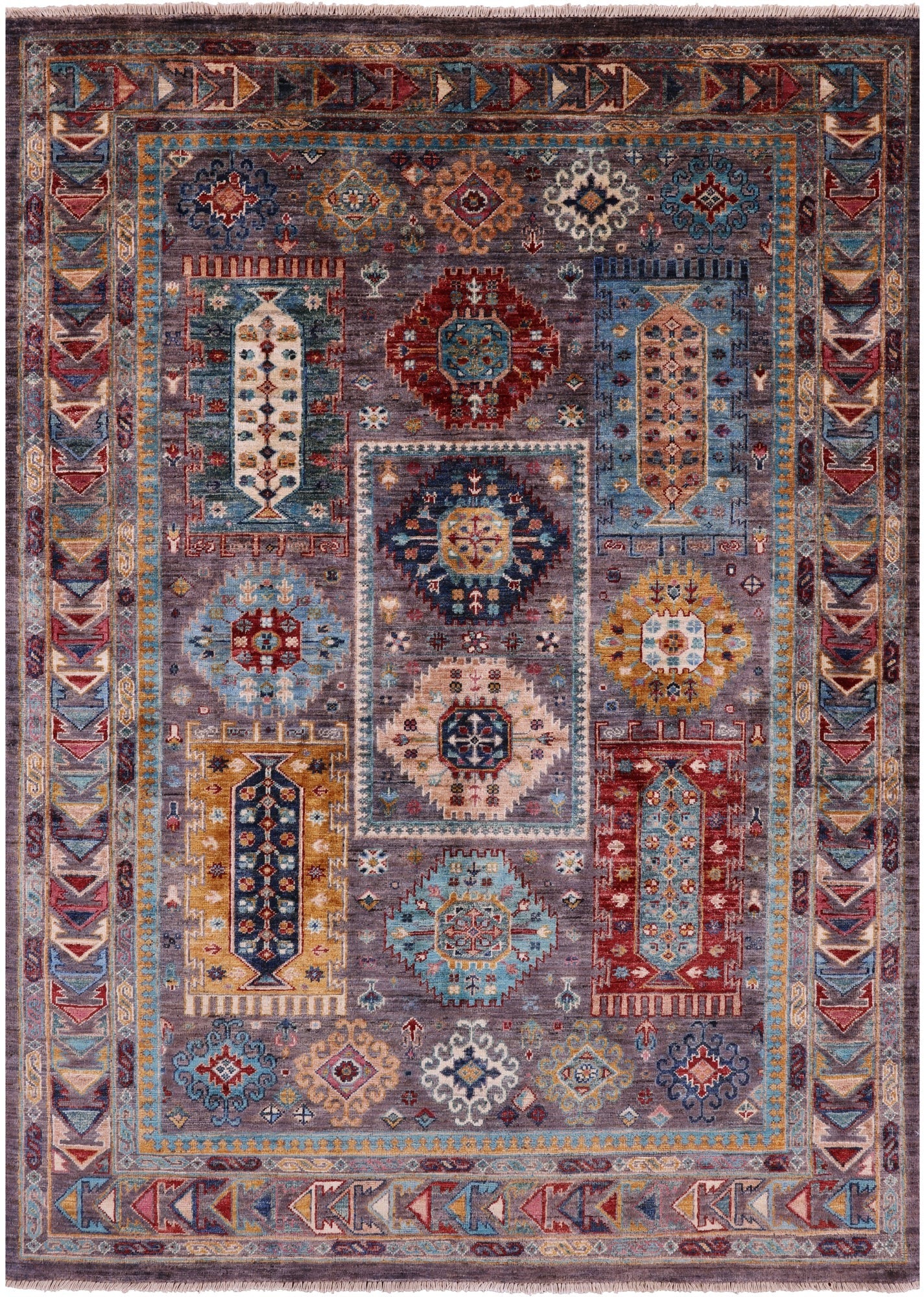 Grey Turkmen Ersari Hand Knotted Wool Rug - 5' 1" X 6' 11" - Golden Nile