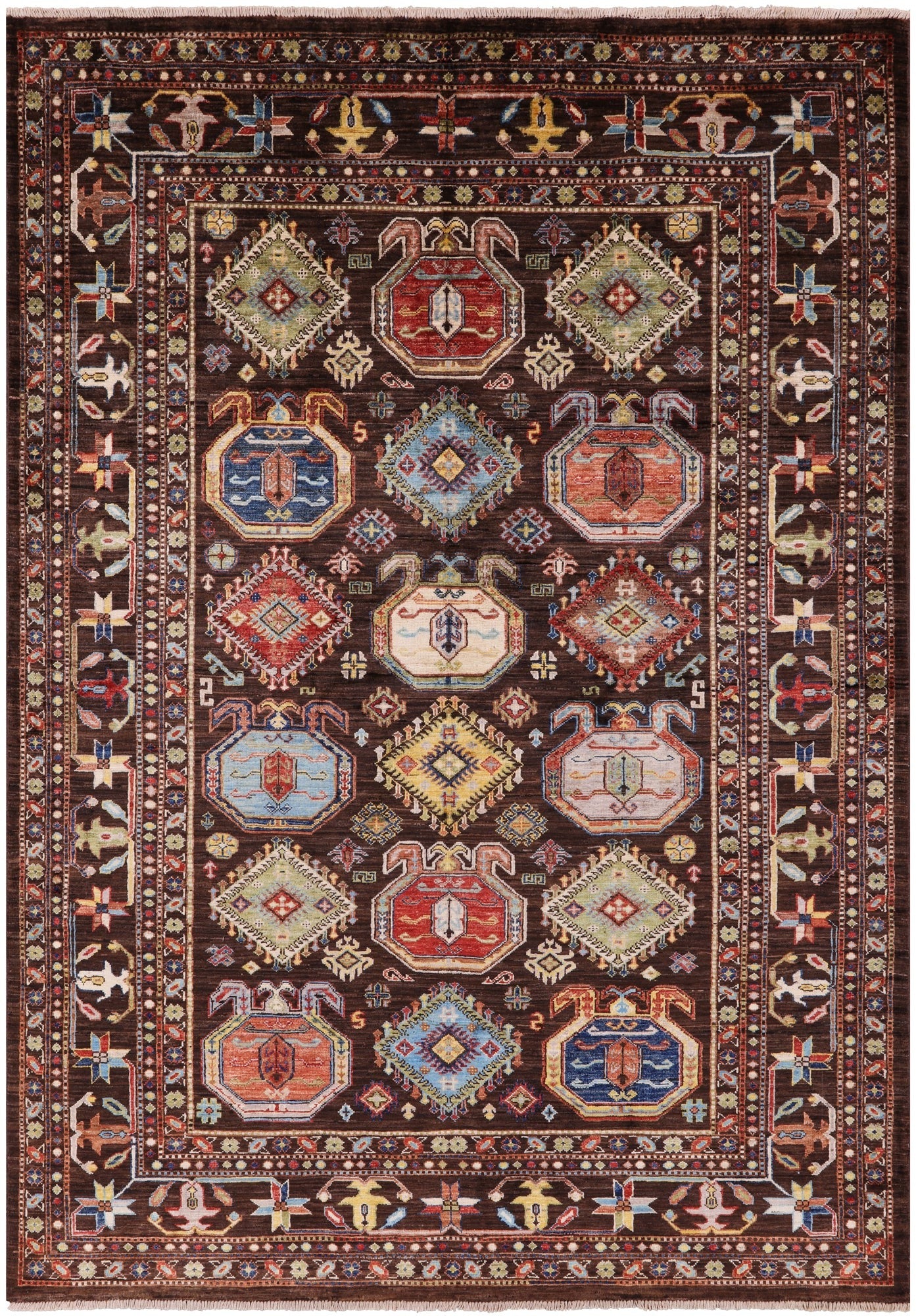 Brown Turkmen Ersari Hand Knotted Wool Rug - 5' 8" X 8' 1" - Golden Nile
