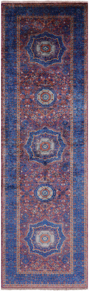 Purple Geometric Persian Mamluk Hand Knotted Wool Runner Rug - 2' 10" X 9' 8" - Golden Nile