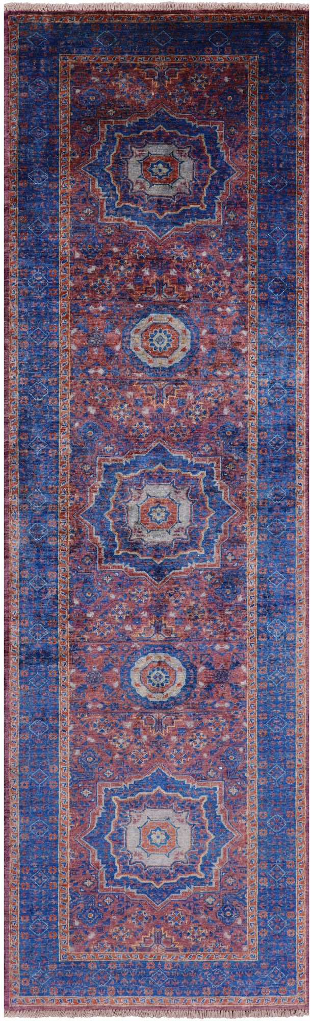 Purple Geometric Persian Mamluk Hand Knotted Wool Runner Rug - 2' 10" X 9' 8" - Golden Nile