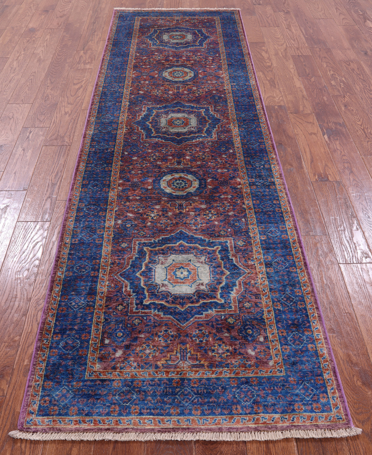 Purple Geometric Persian Mamluk Hand Knotted Wool Runner Rug - 2' 10" X 9' 8" - Golden Nile