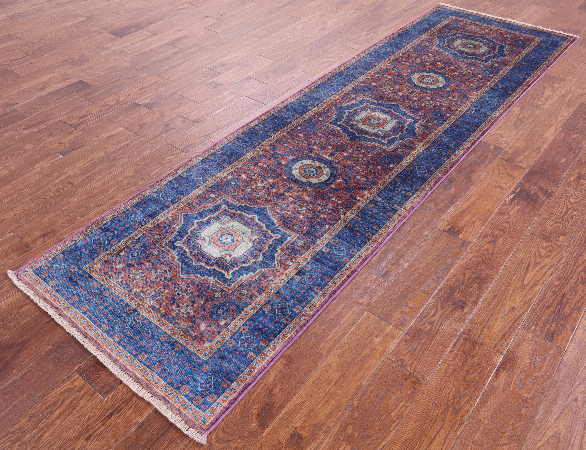 Purple Geometric Persian Mamluk Hand Knotted Wool Runner Rug - 2' 10" X 9' 8" - Golden Nile