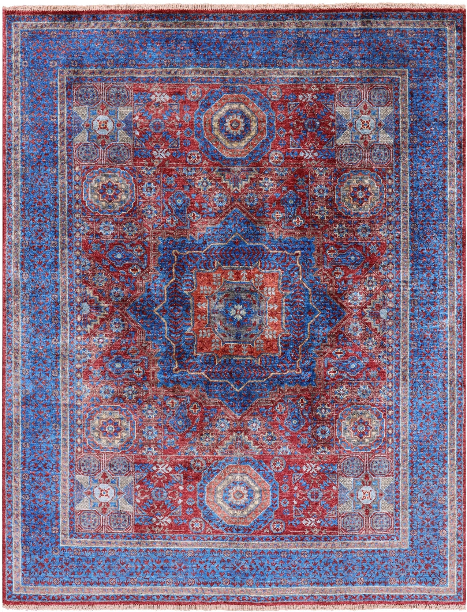 Red Geometric Persian Mamluk Hand Knotted Wool Rug - 5' 0" X 6' 2" - Golden Nile
