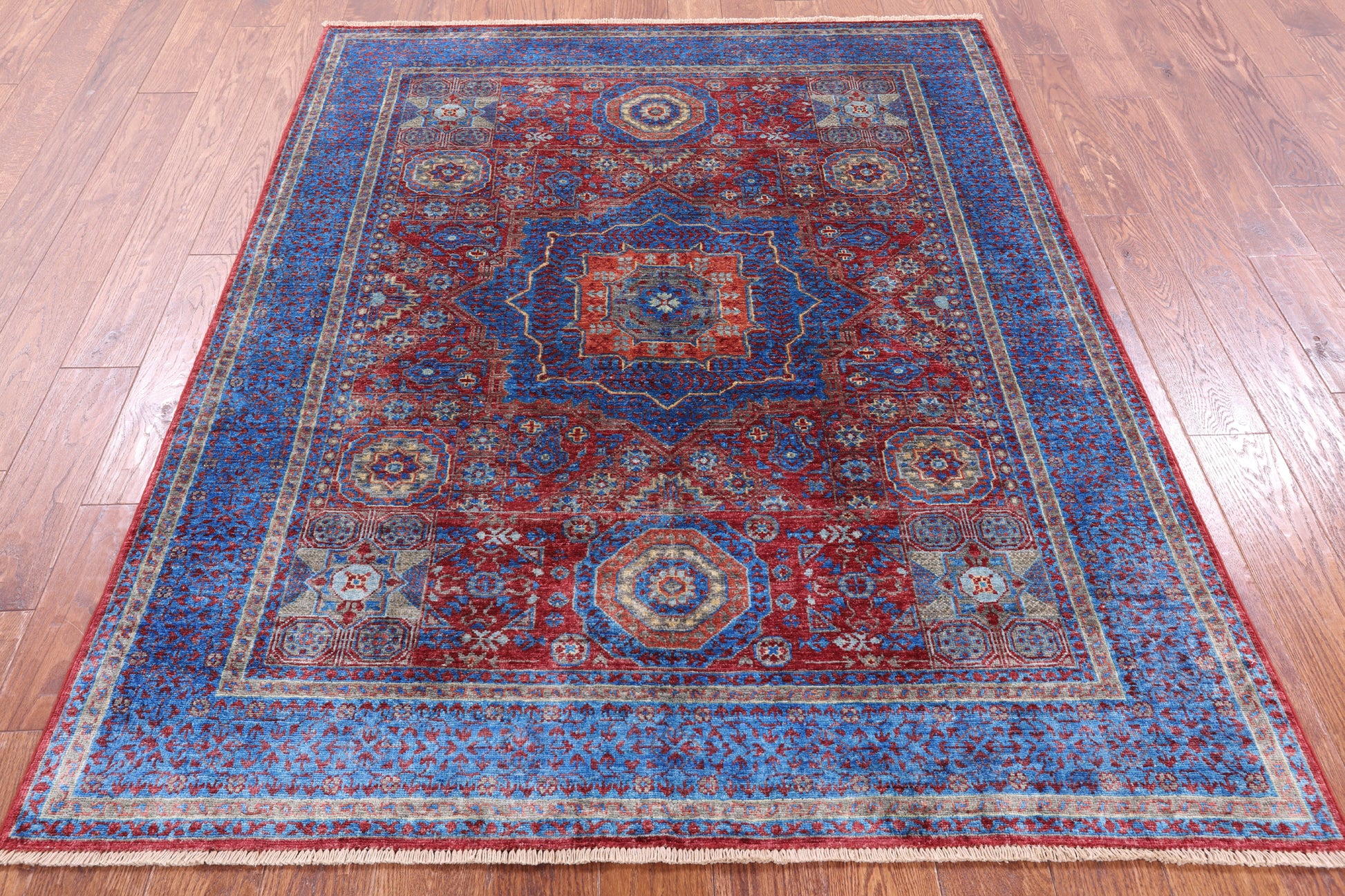 Red Geometric Persian Mamluk Hand Knotted Wool Rug - 5' 0" X 6' 2" - Golden Nile