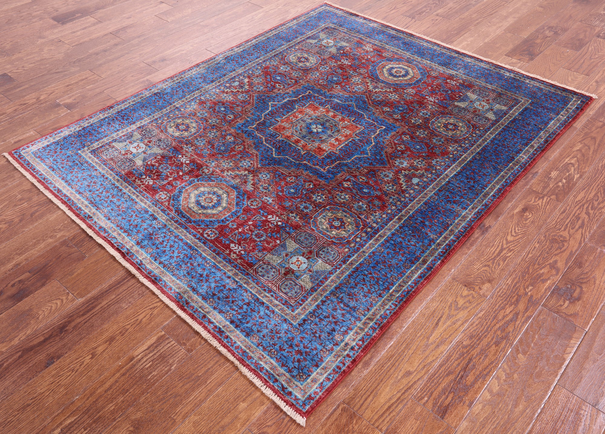 Red Geometric Persian Mamluk Hand Knotted Wool Rug - 5' 0" X 6' 2" - Golden Nile