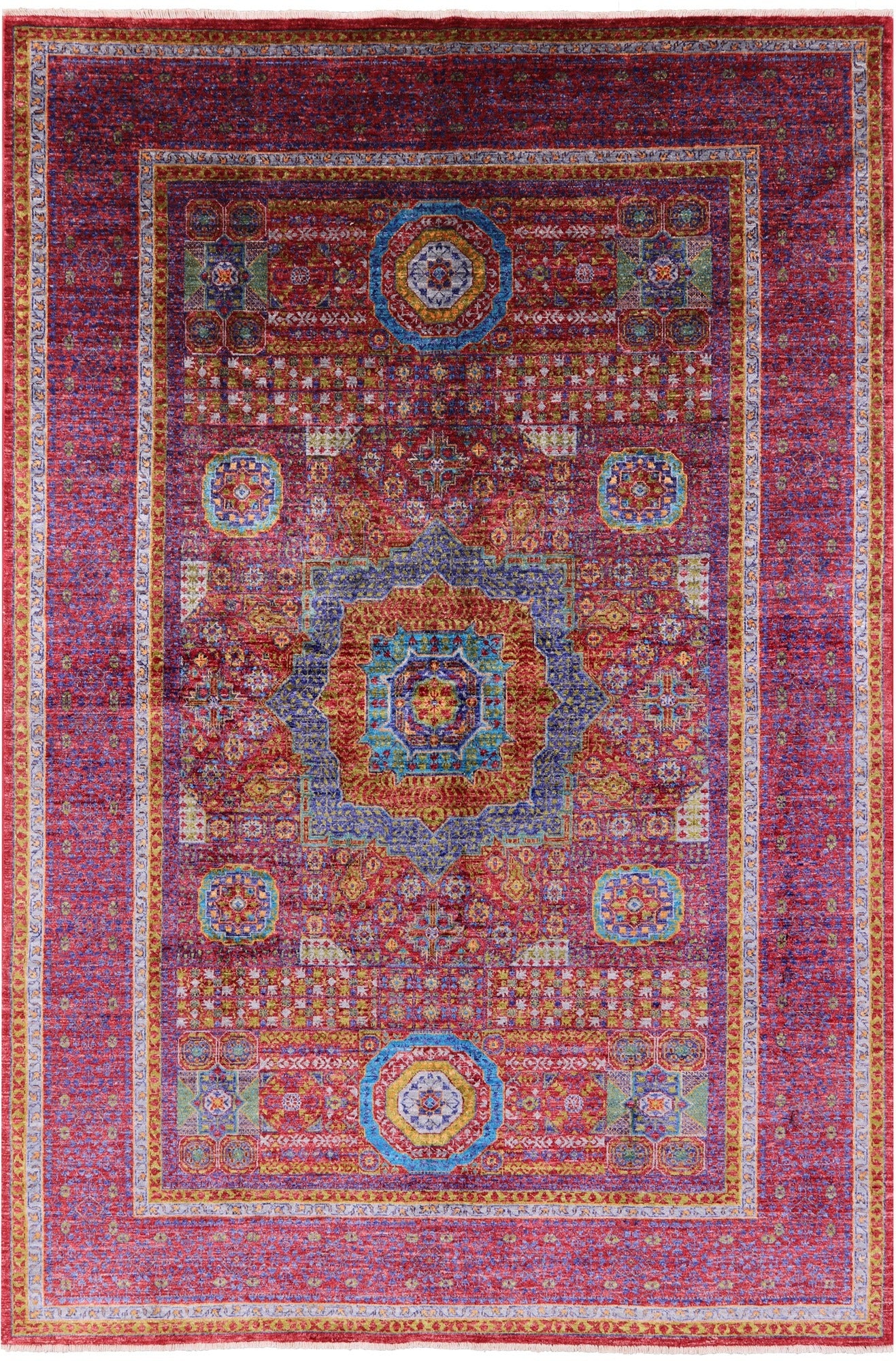 Red Geometric Persian Mamluk Hand Knotted Wool Rug - 6' 9" X 9' 9" - Golden Nile